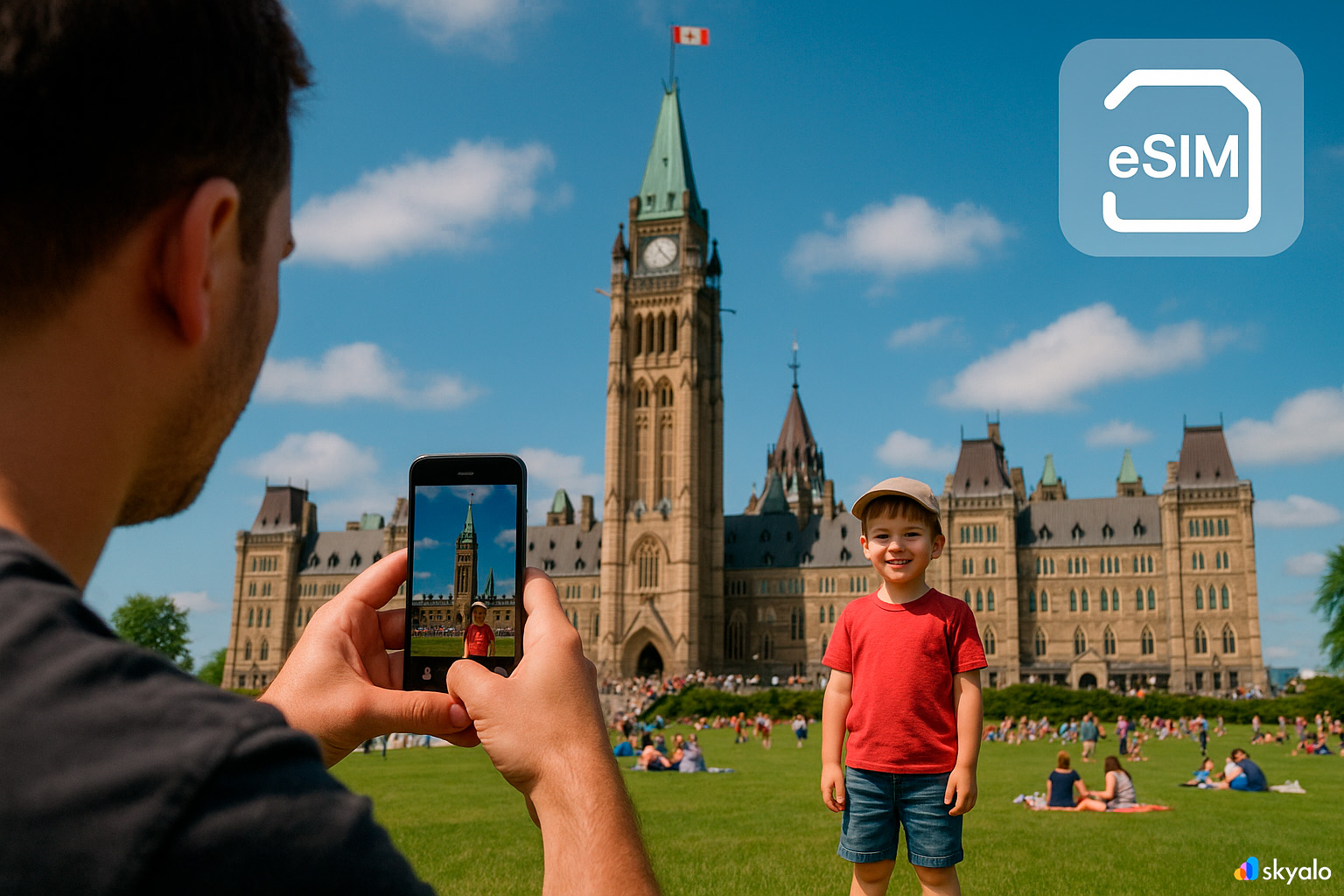 Father and son by Parliament Hill in Ottawa; connected with eSIM, Peace Tower and green lawns under light clouds
