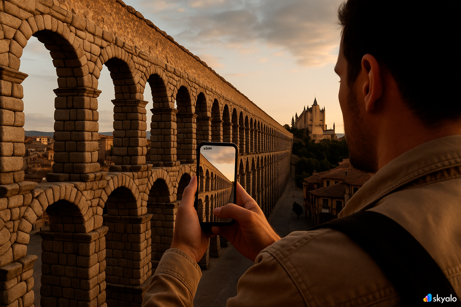 Traveler photographing Segovia’s aqueduct with smartphone and eSIM, Alcázar visible in the distance