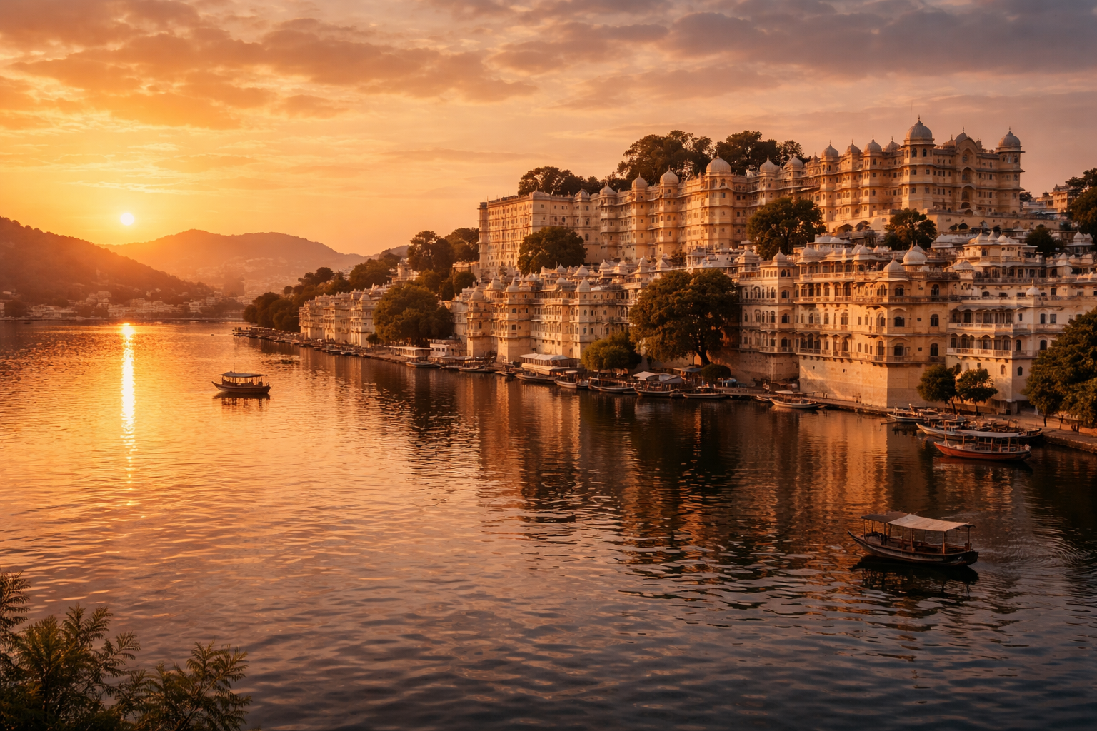 اُدی پور کا جھیلوں والا منظر، سفید محلات، پرانا شہر، پانی میں عکس اور راجستھان کی پہاڑیوں کے درمیان نرم شام کی روشنی۔