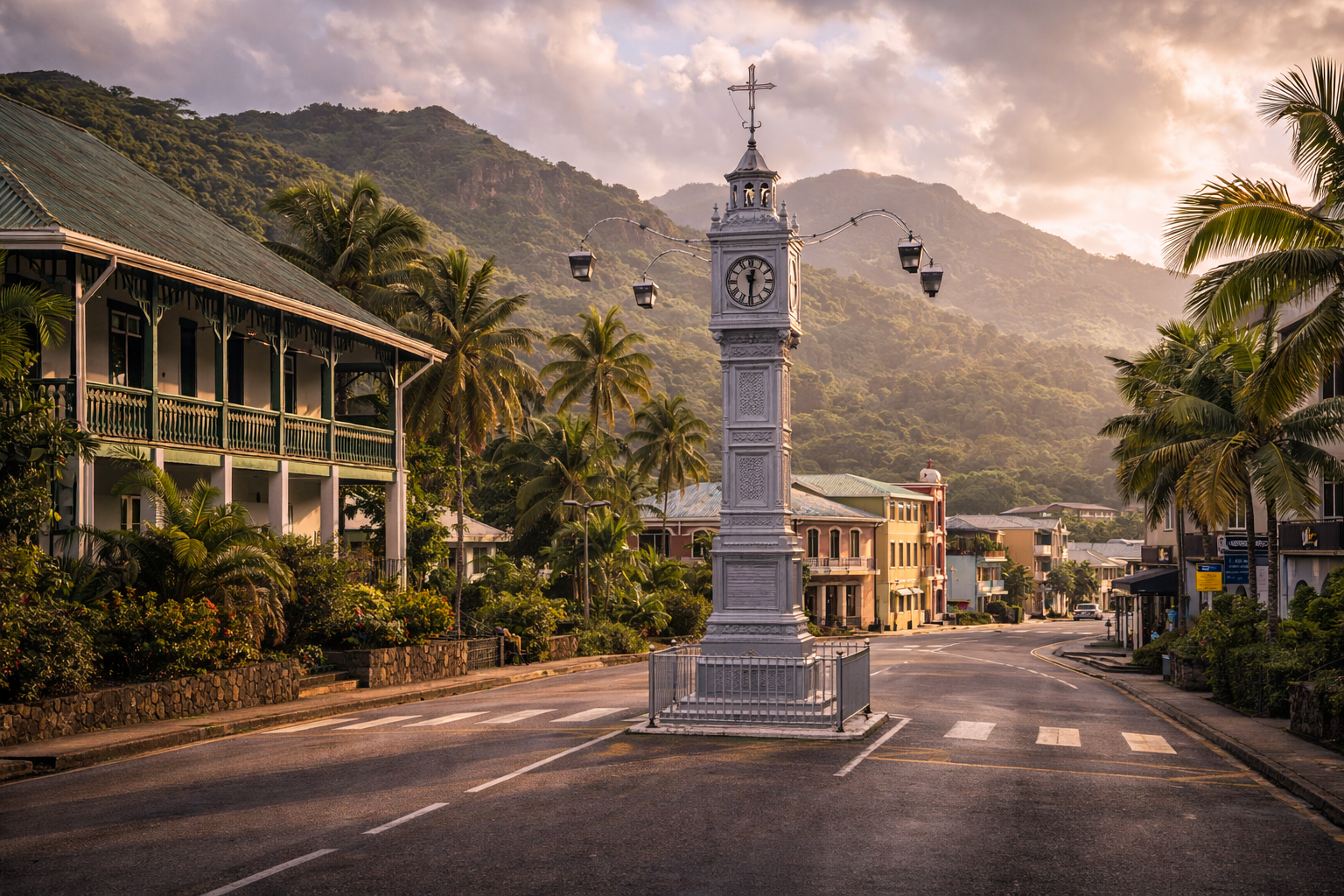 برج الساعة في وسط فيكتوريا في سيشل بين أشجار النخيل والمباني الاستعمارية