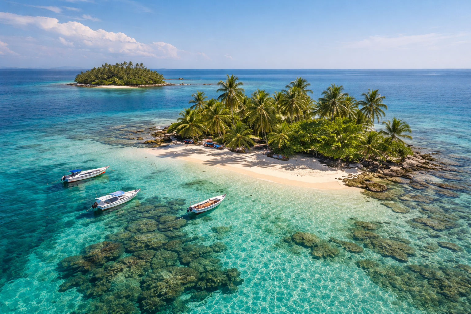 איי קאיוס קוצ'ינוס בקריביים של הונדורס עם חופים לבנים, מים טורקיז צלולים, סירות ודקלים