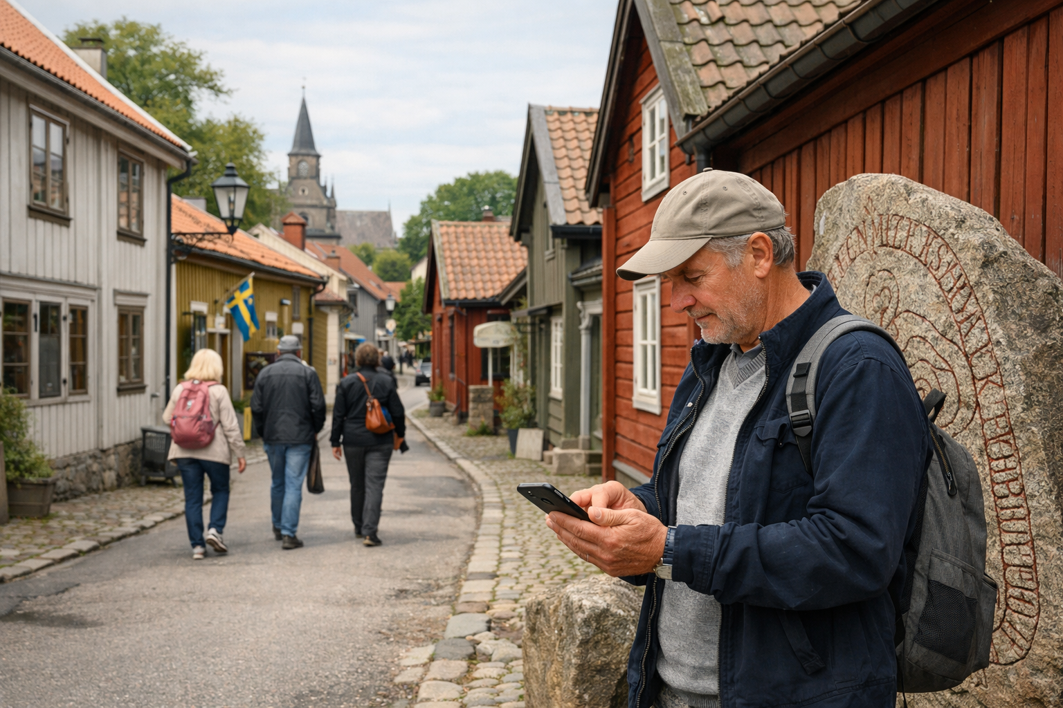 Sigtuna with rune stones, and a tourist checks the route on a smartphone