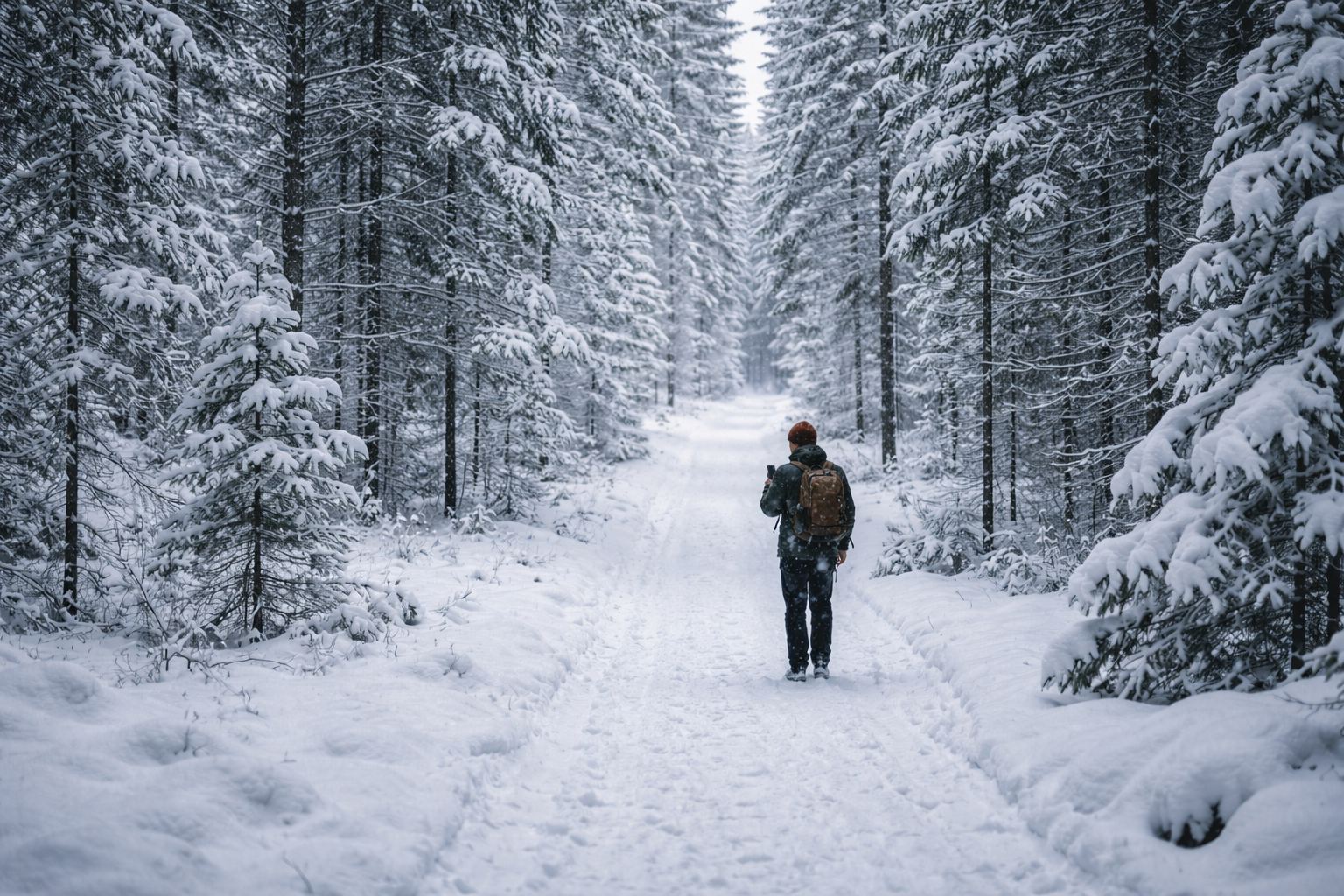 יער מושלג ברובניימי עם תייר ברקע