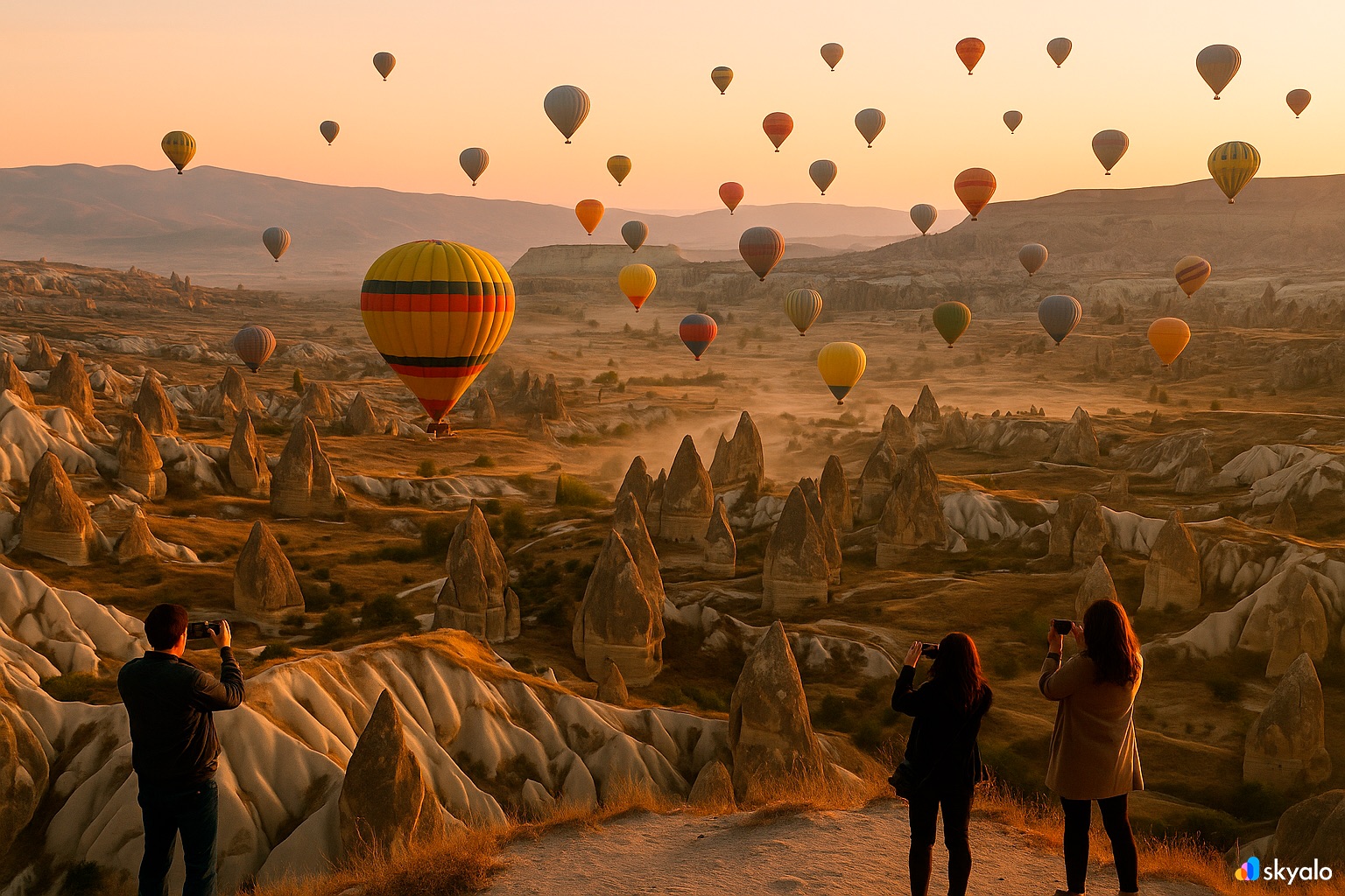 Travelers capturing hot air balloons over Cappadocia