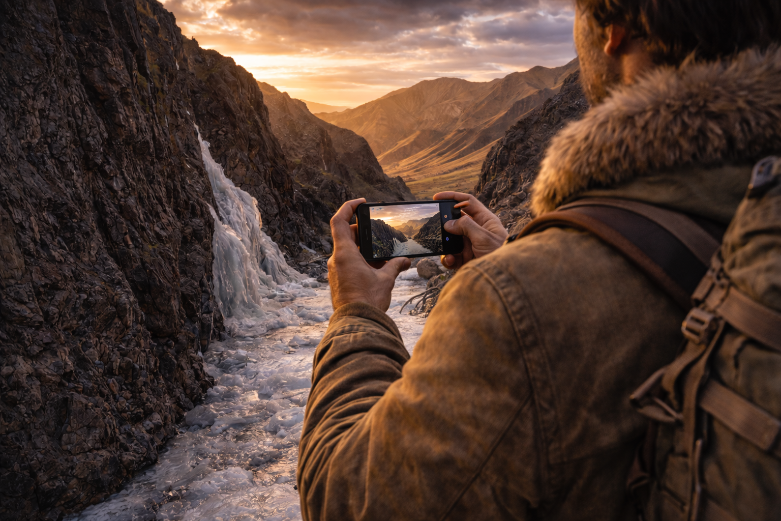 El valle de Yol con un desfiladero estrecho, hielo y un viajero con smartphone