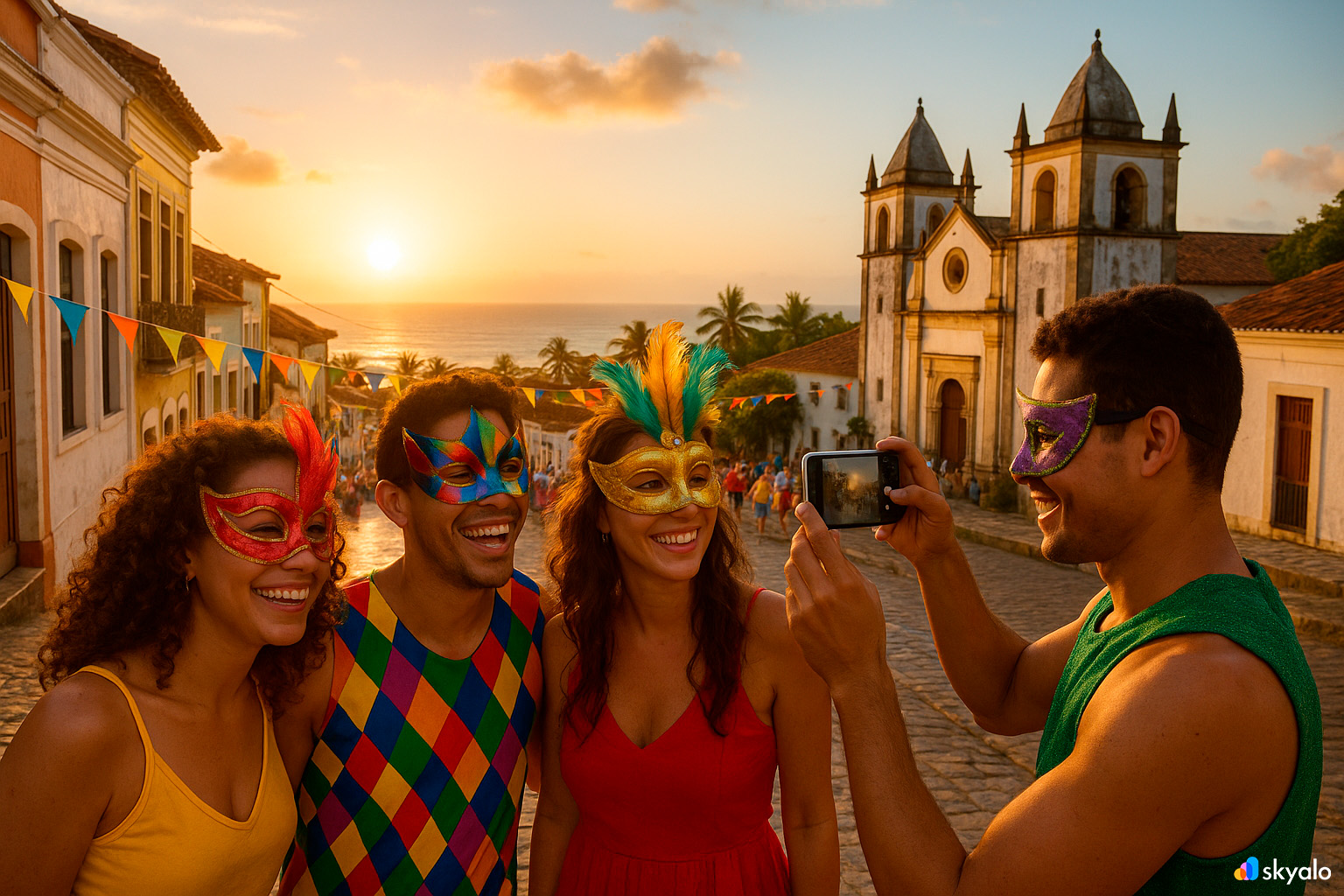 Group of friends celebrating at Olinda Carnival, churches and colorful masks around them