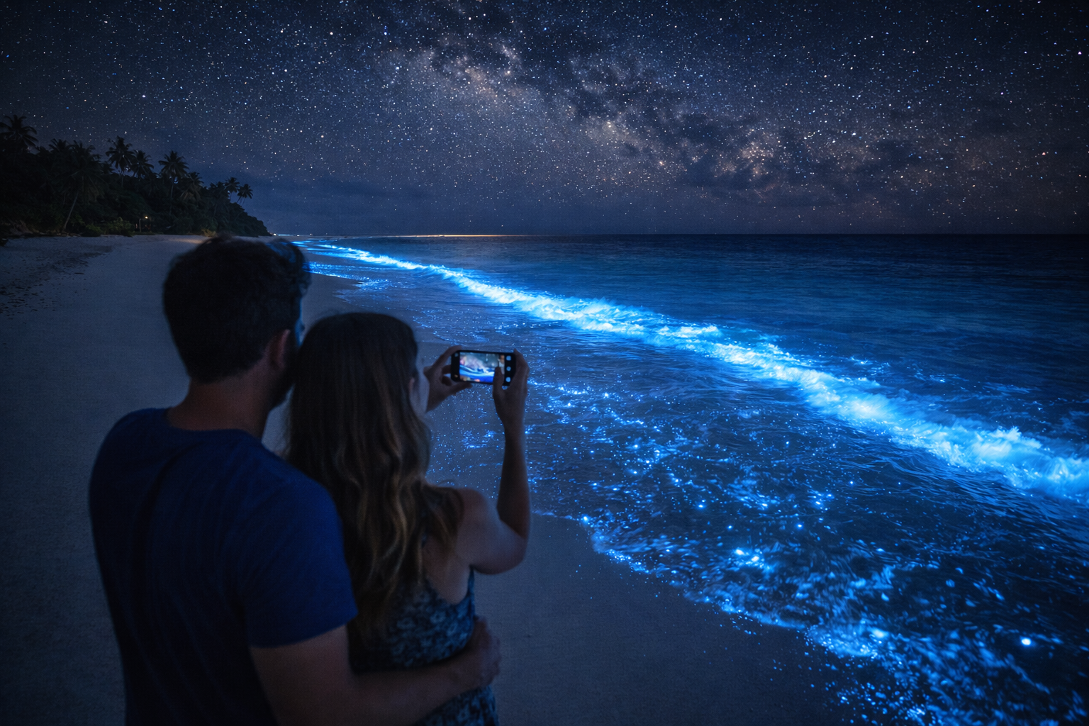 Glowing water on Vaadhoo Island and tourists sharing photos via eSIM