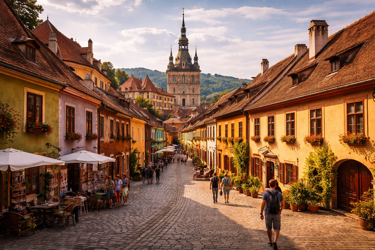 The medieval town of Sighișoara with the Clock Tower.