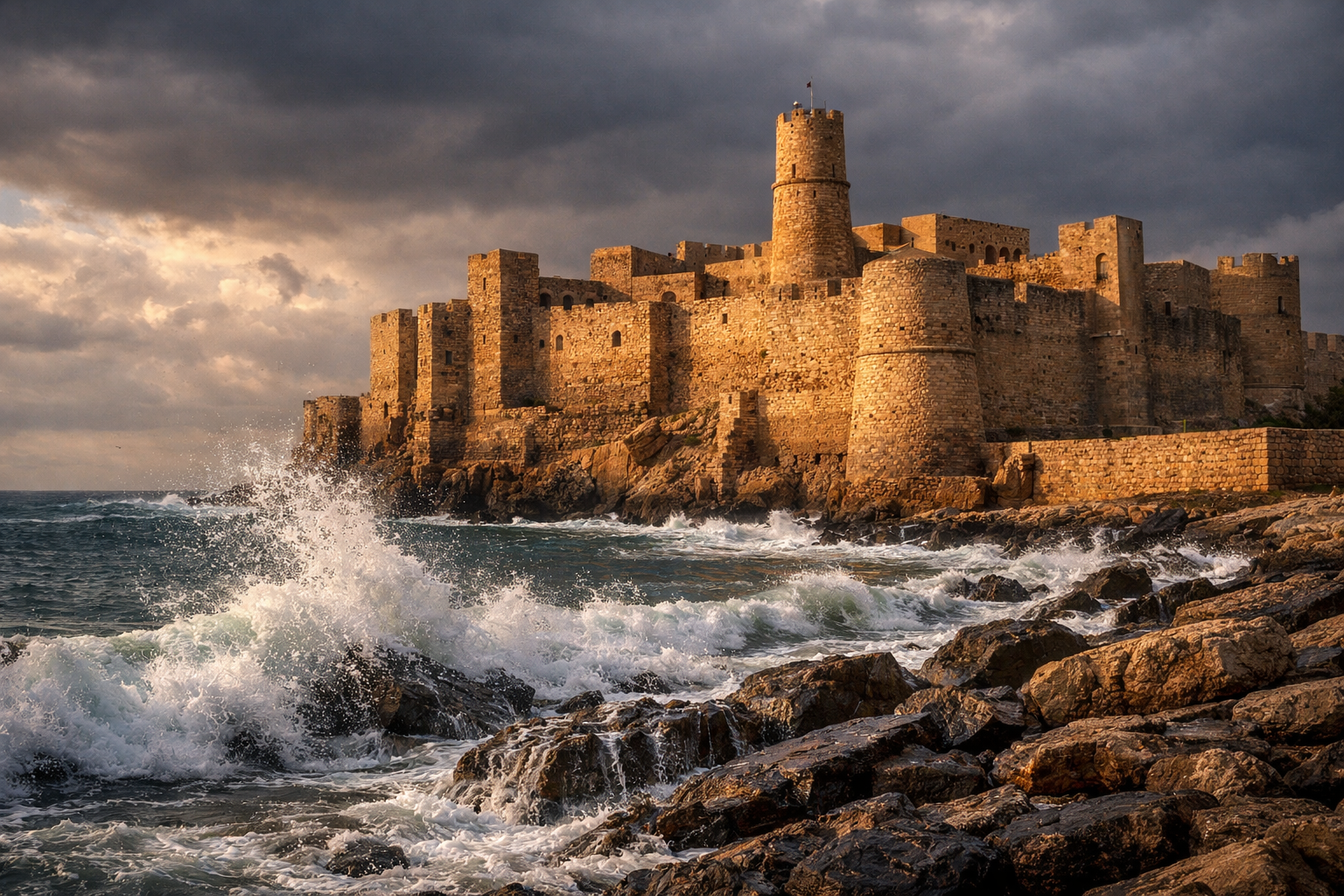 Festningen i Monastir ved sjøen med bølger og steinmurer