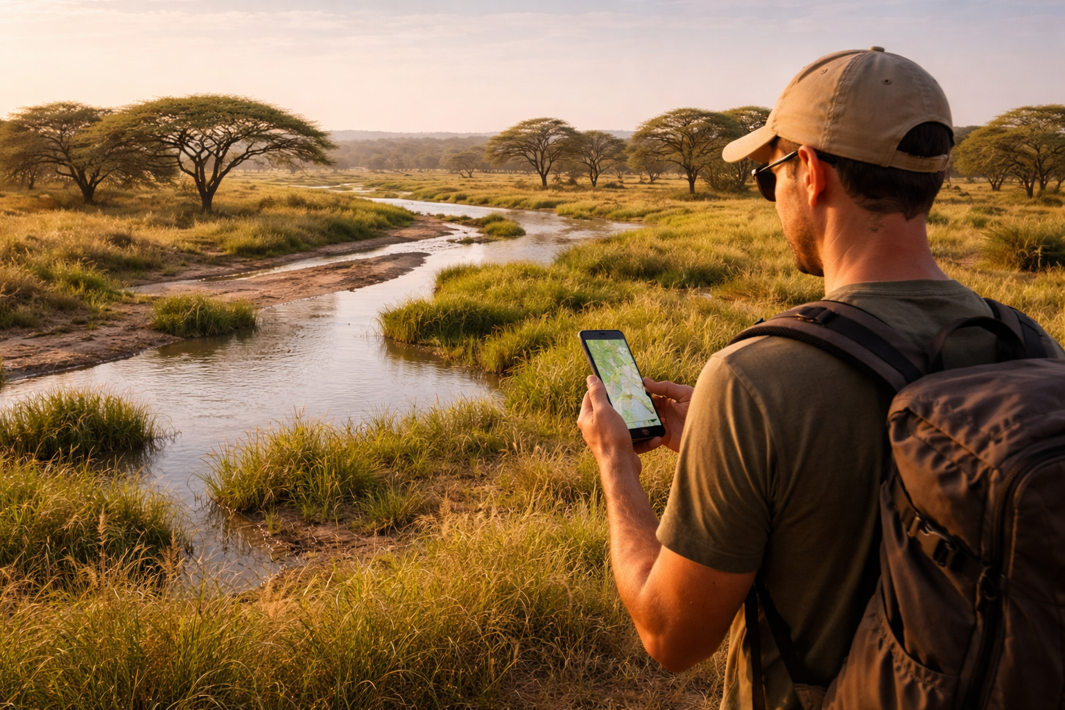נוף טבעי של הפארק הלאומי דינדר בסודן עם סוואנה, מקווי מים ומטייל המשתמש ב-eSIM לניווט.