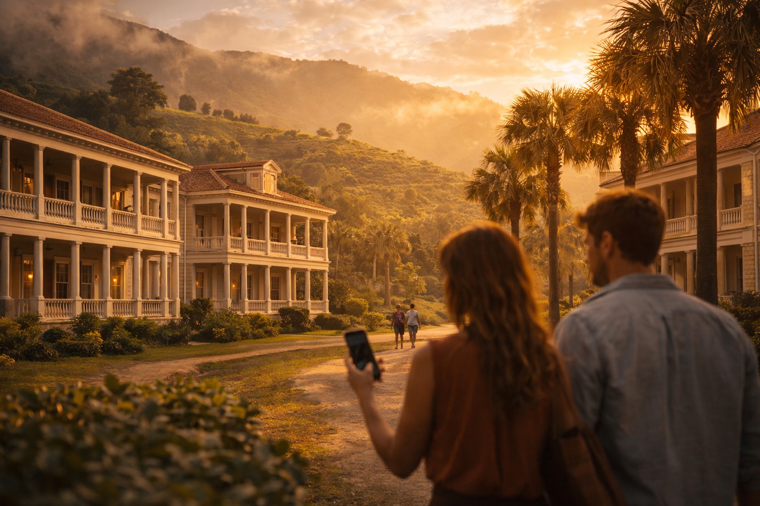 Lankaran’s southern architecture with white façades and balconies, palms and green hills with tea and citrus plantations under humid golden light; in the distance, a couple walks by, the woman holding a phone toward herself—only the back of the device is visible.