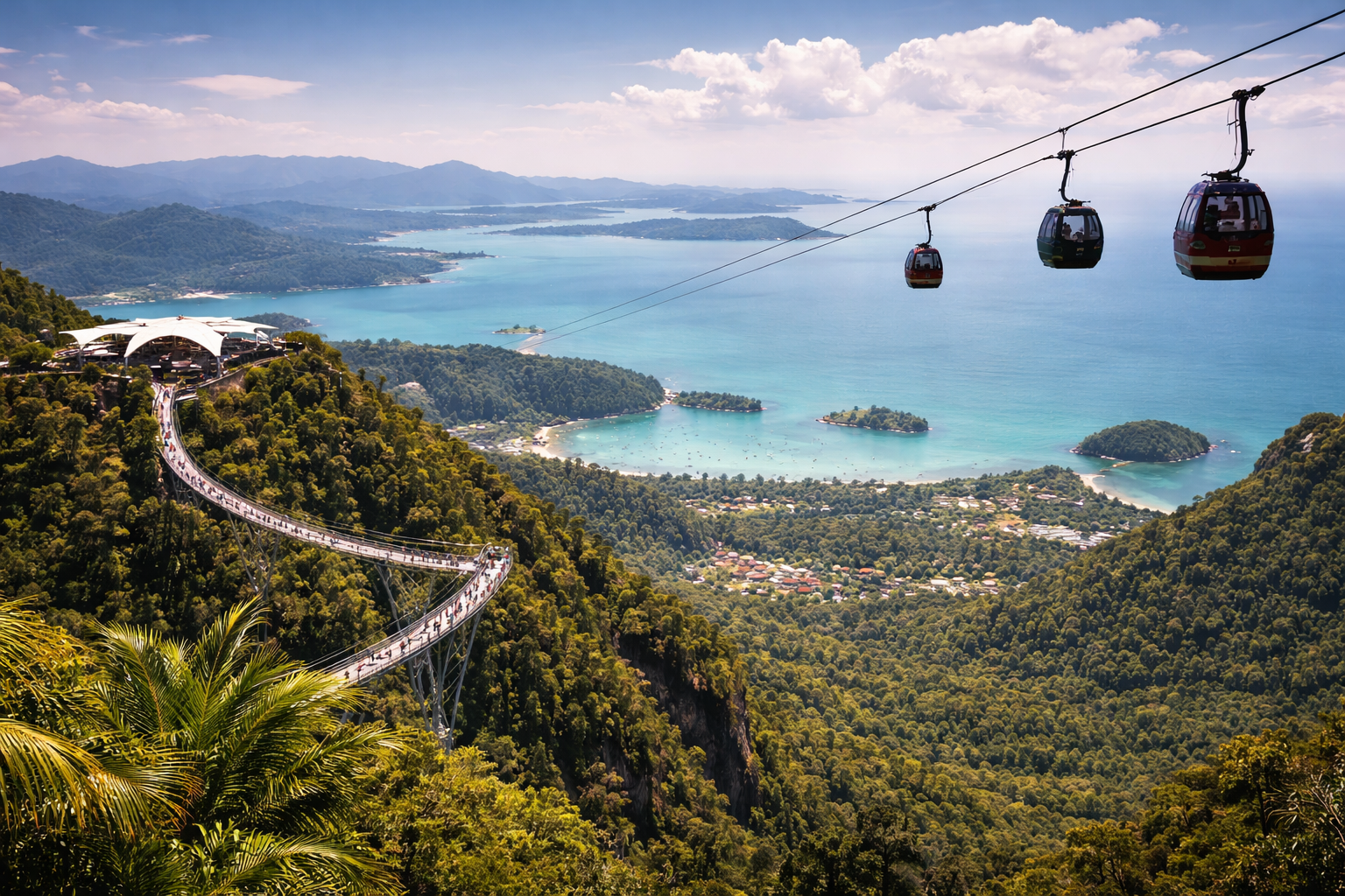 Остров Лангкави с зелёными горами, канатной дорогой, бирюзовым морем и панорамными видами тропического острова