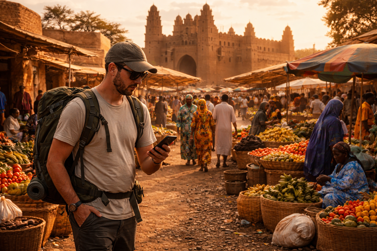 Maroua with a market and a traveler using a phone