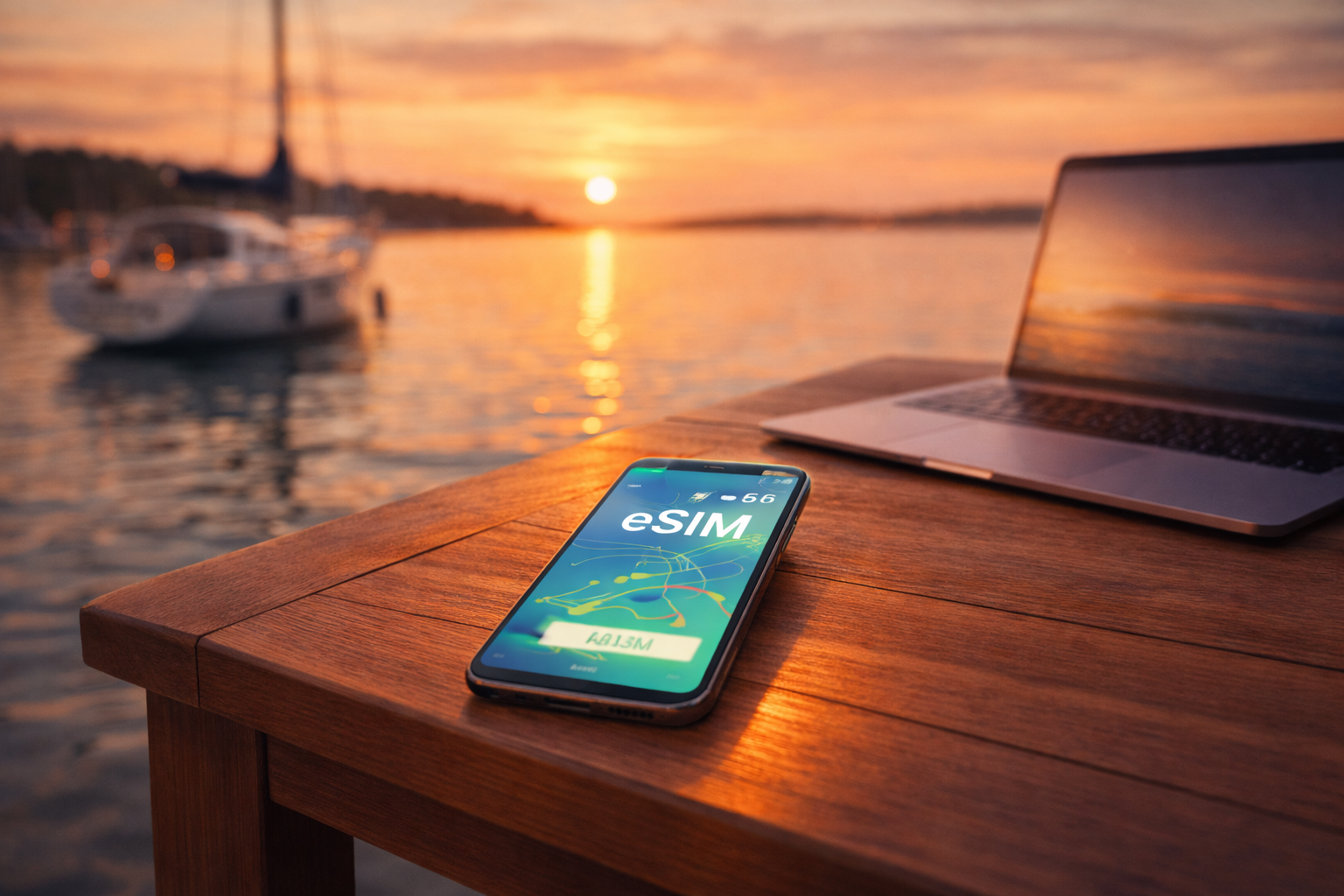 A smartphone with an activated eSIM in the foreground and a laptop on a table in an Åland Islands marina at sunset