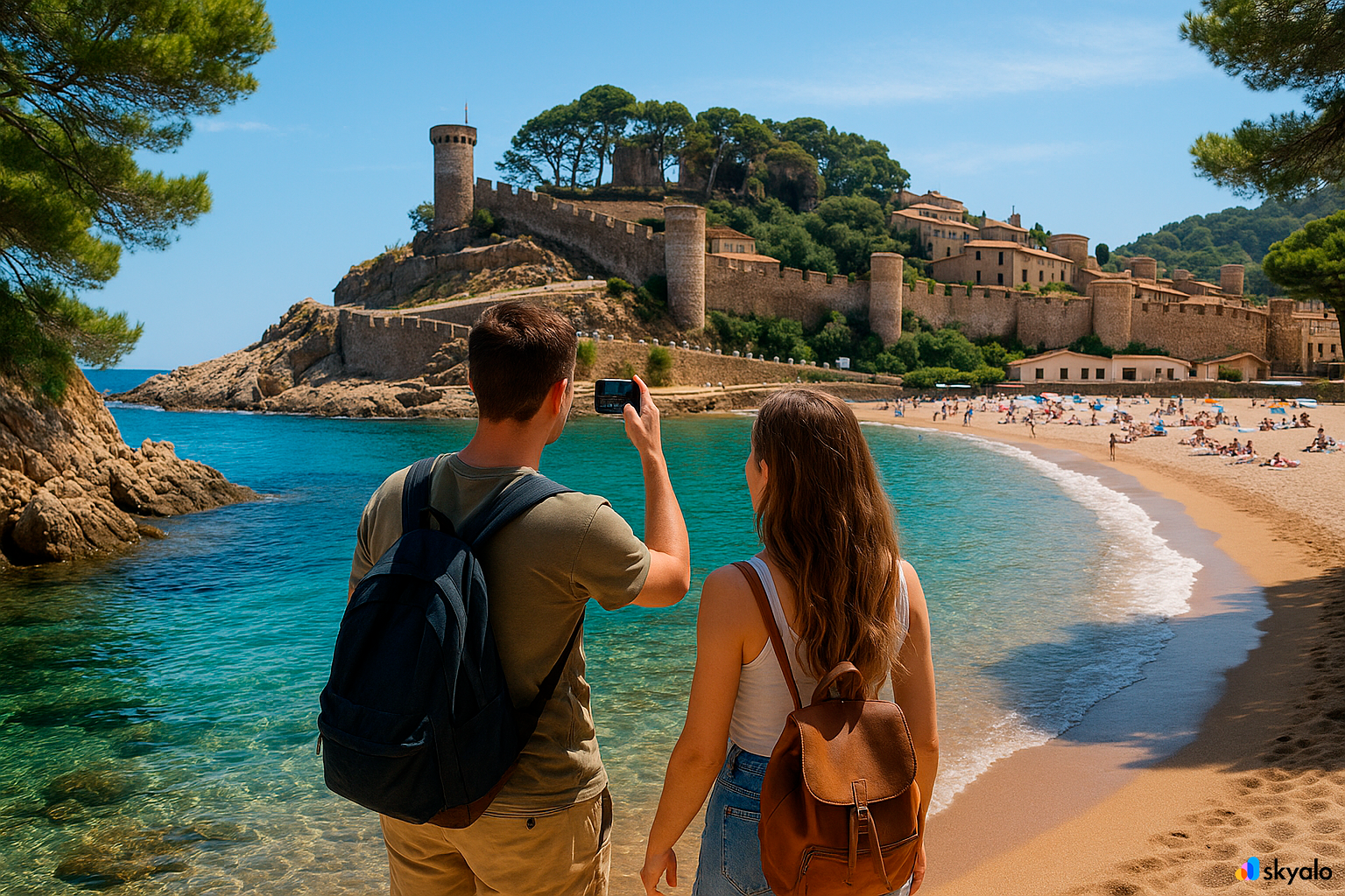 Couple photographing the fortress and bay of Tossa de Mar on Costa Brava, clear water and pines by the sea