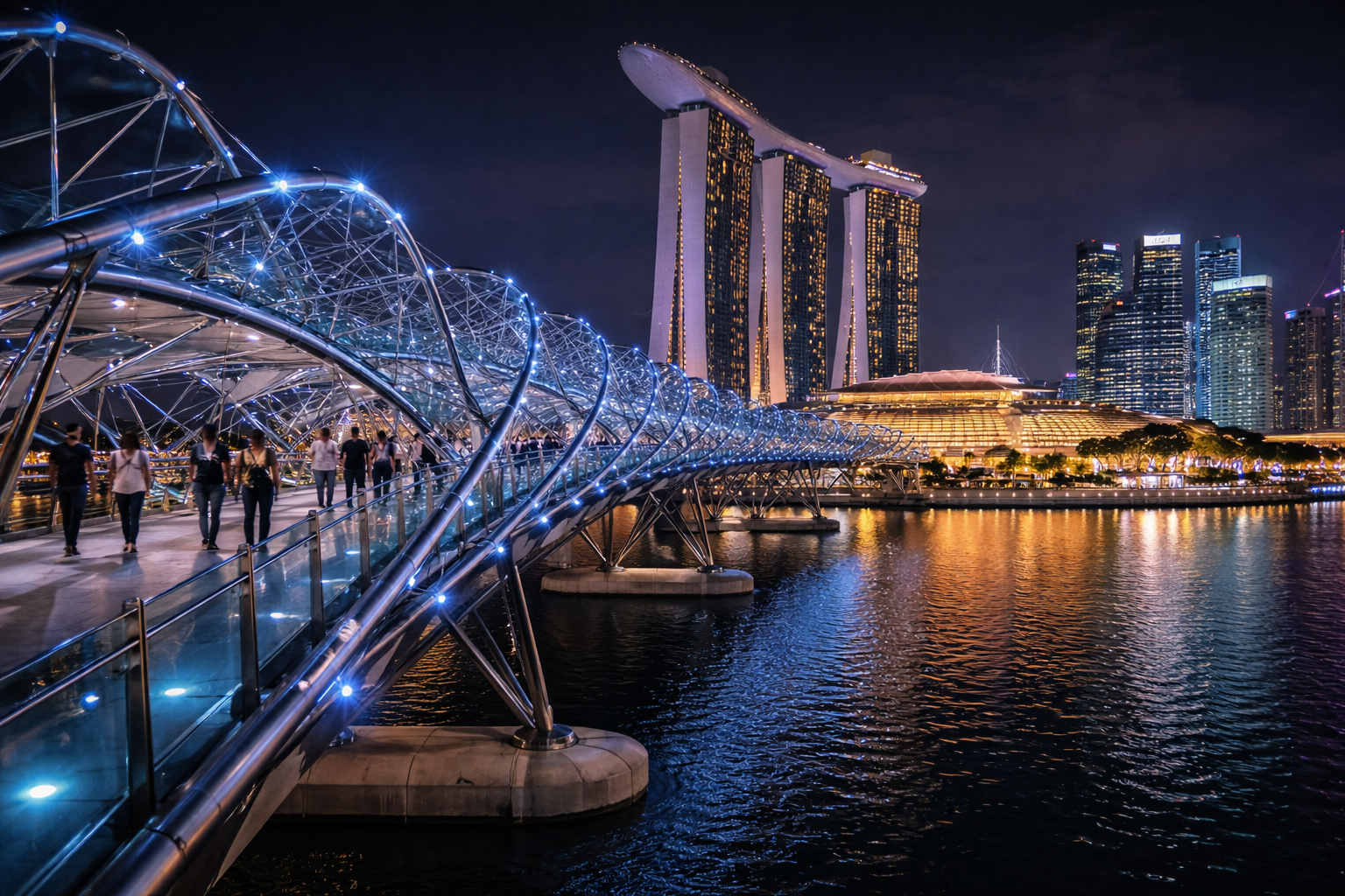 The futuristic Helix Bridge at night.