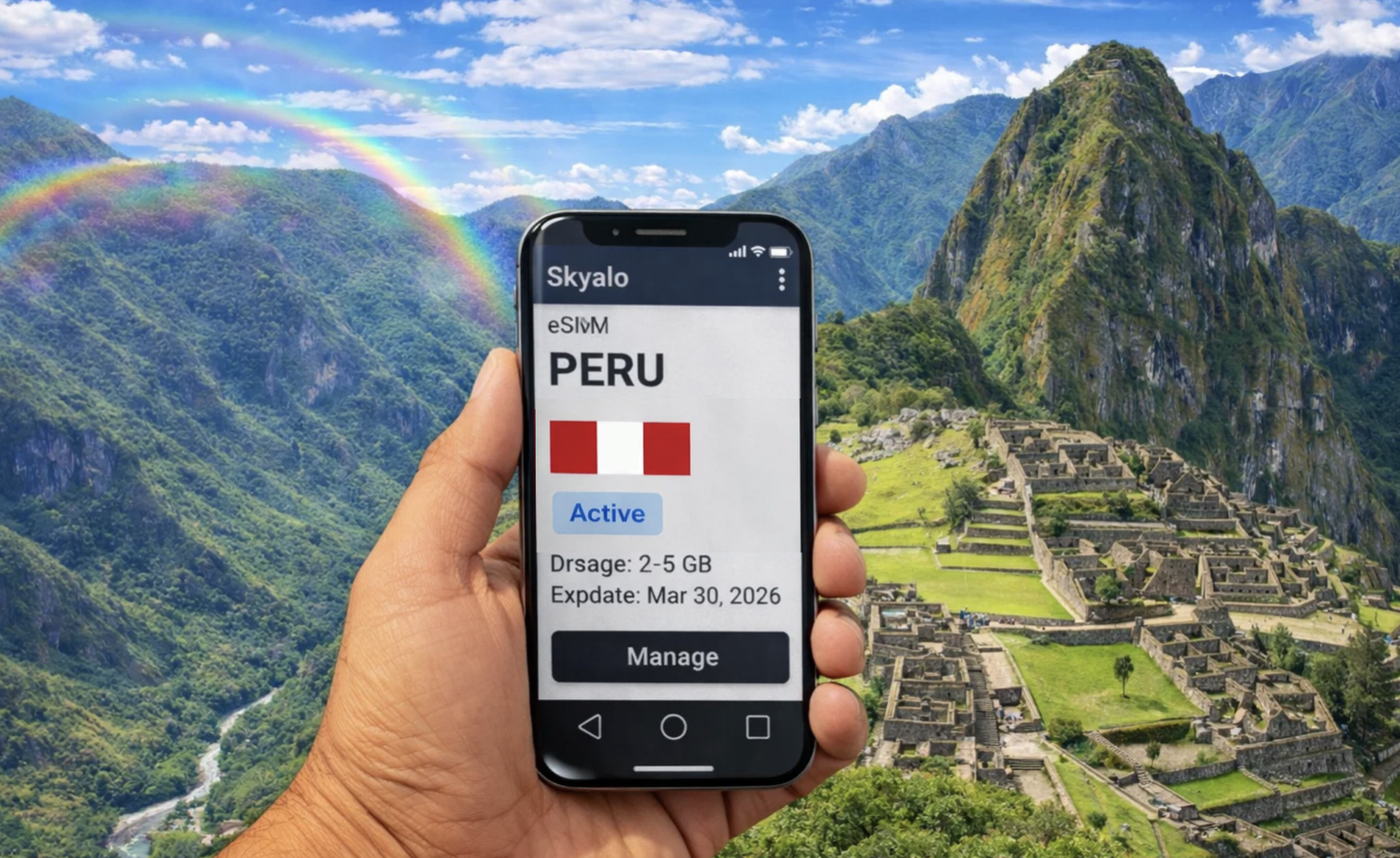 Smartfon z aktywną eSIM Skyalo na tle Machu Picchu w Peru