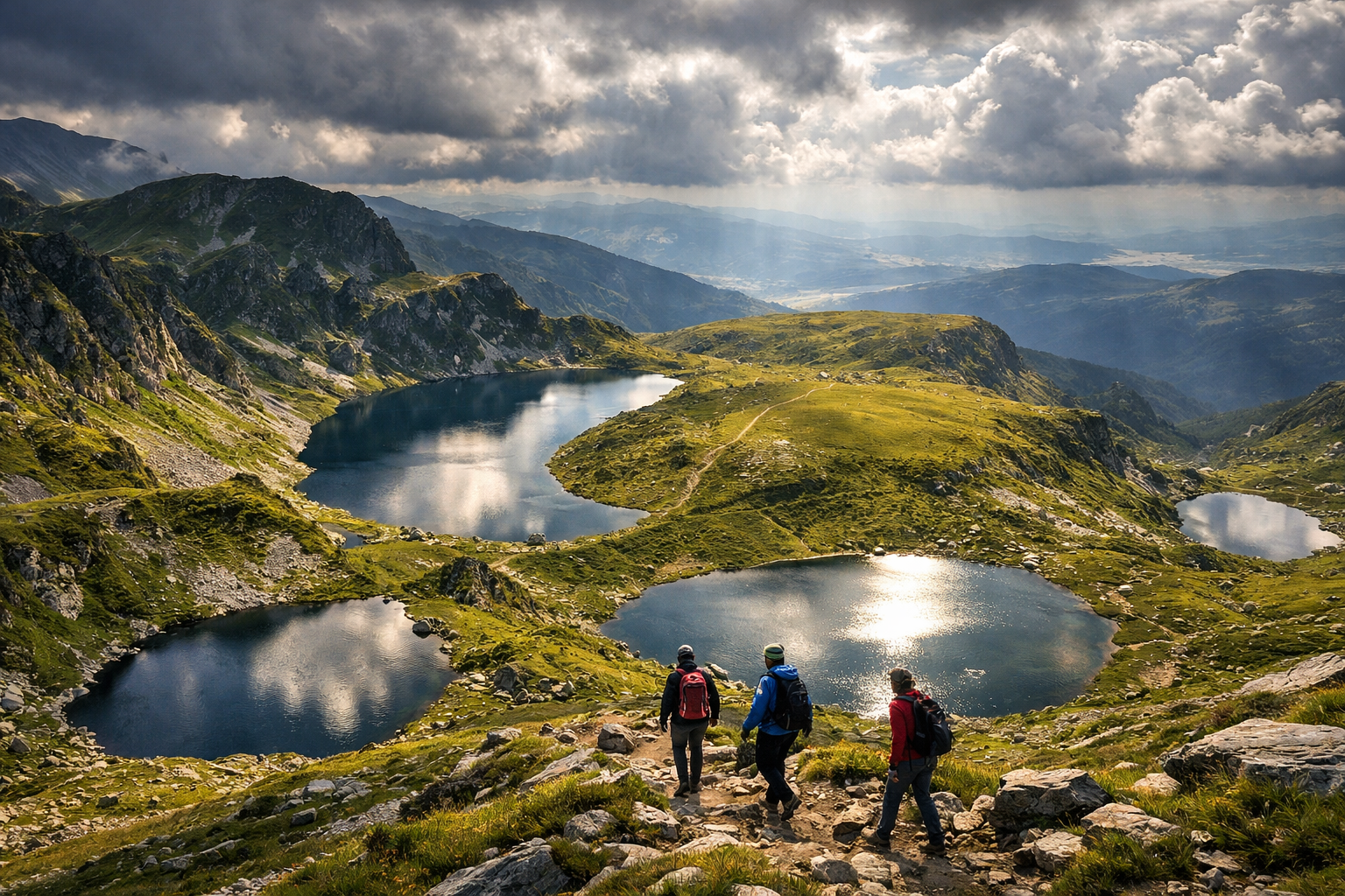 The Seven Rila Lakes in Bulgaria’s mountains and tourists using eSIM internet