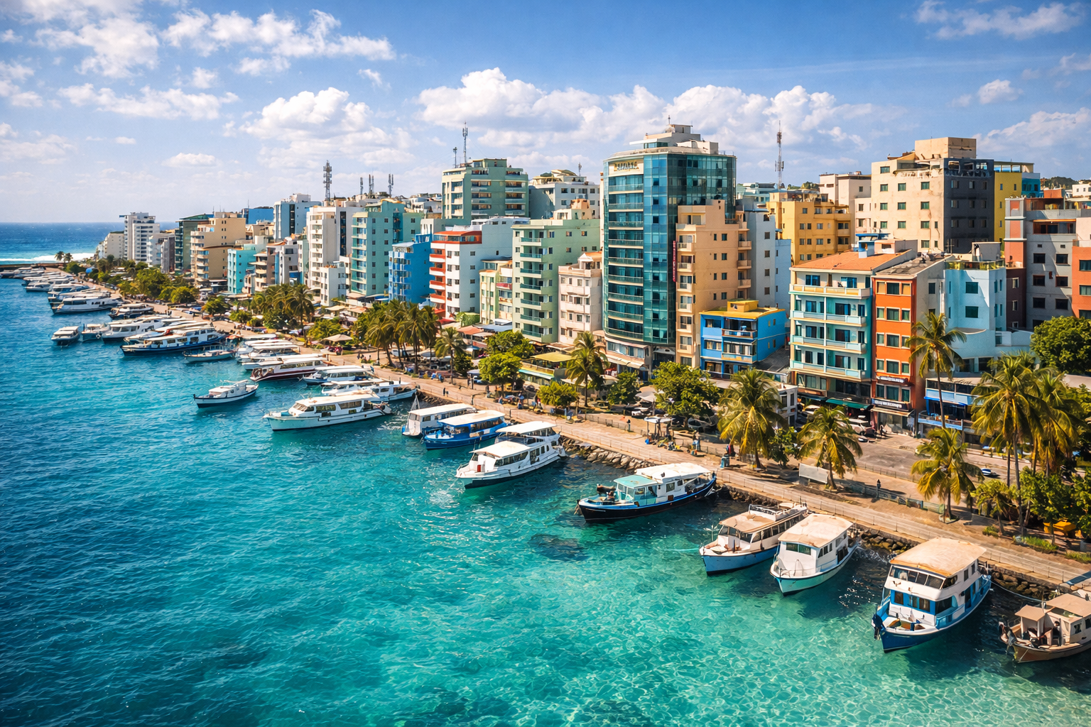 Panorama of Malé, the capital, with the harbor and city buildings