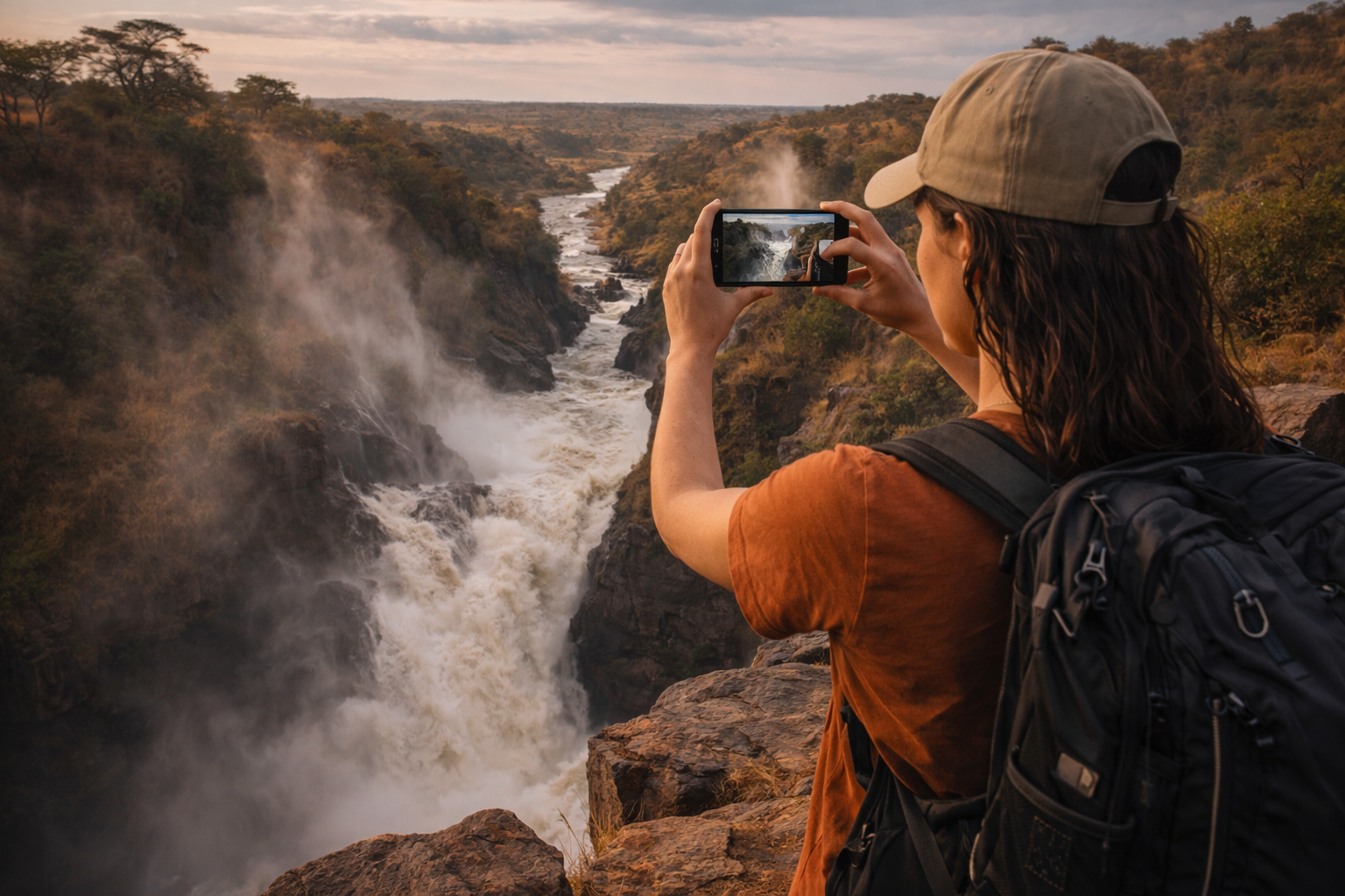 Air Terjun Murchison Falls di Uganda dengan aliran deras Sungai Nil, gaung dan pelancong dengan telefon pintar dan eSIM di titik pandang