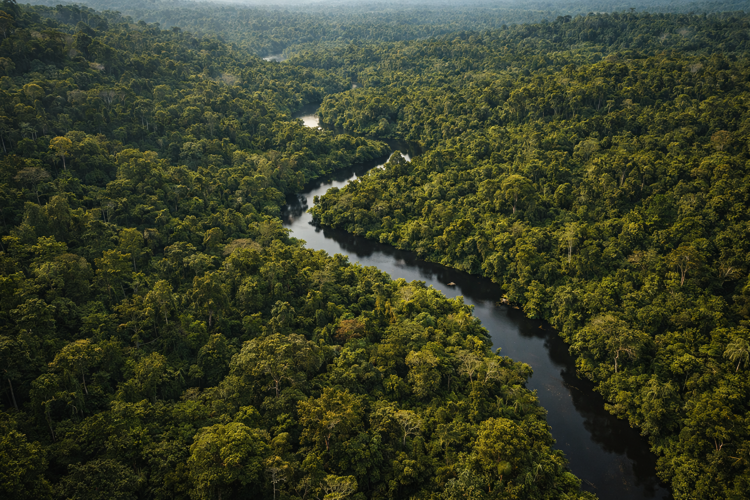 The tropical forest of Dja Reserve from above with a river and dense vegetation