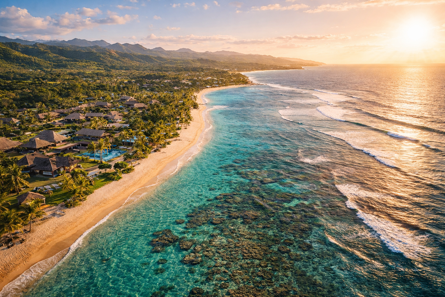 Korálové pobřeží Fidži s dlouhou pobřežní linií, plážemi, palmami, lagunami a tropickou krajinou u oceánu