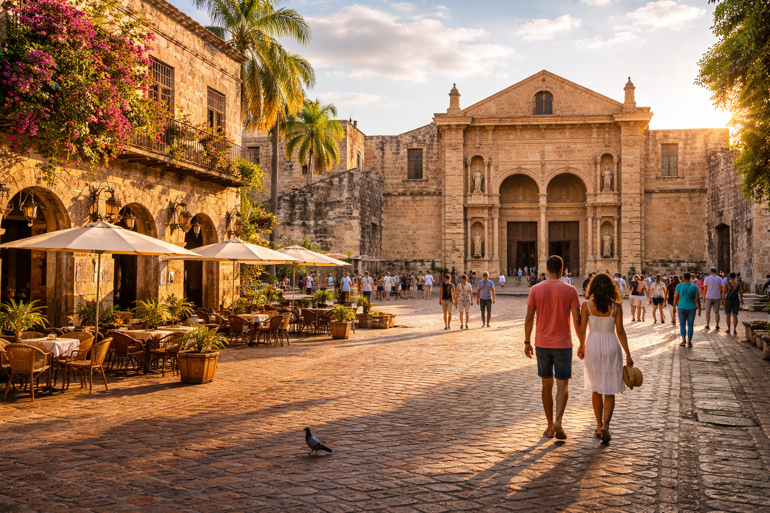 Plaça històrica a Santo Domingo amb arquitectura colonial i gent