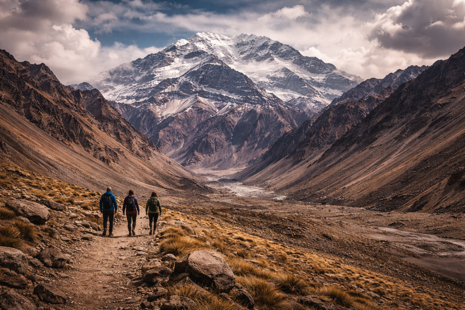 Aconcagua in the Andes and travelers checking the weather forecast on a smartphone with an eSIM