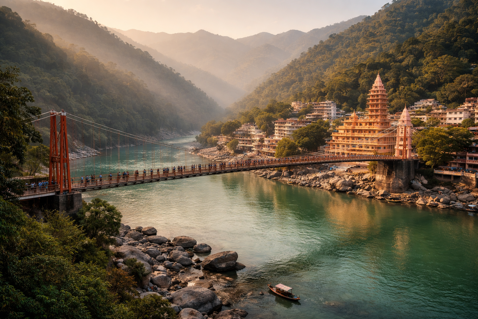 ریشیکیش کا منظر، گنگا پر معلق پل، سبز پہاڑیاں، صاف دریا اور شمالی ہندوستان کی پُرسکون روحانی فضا۔