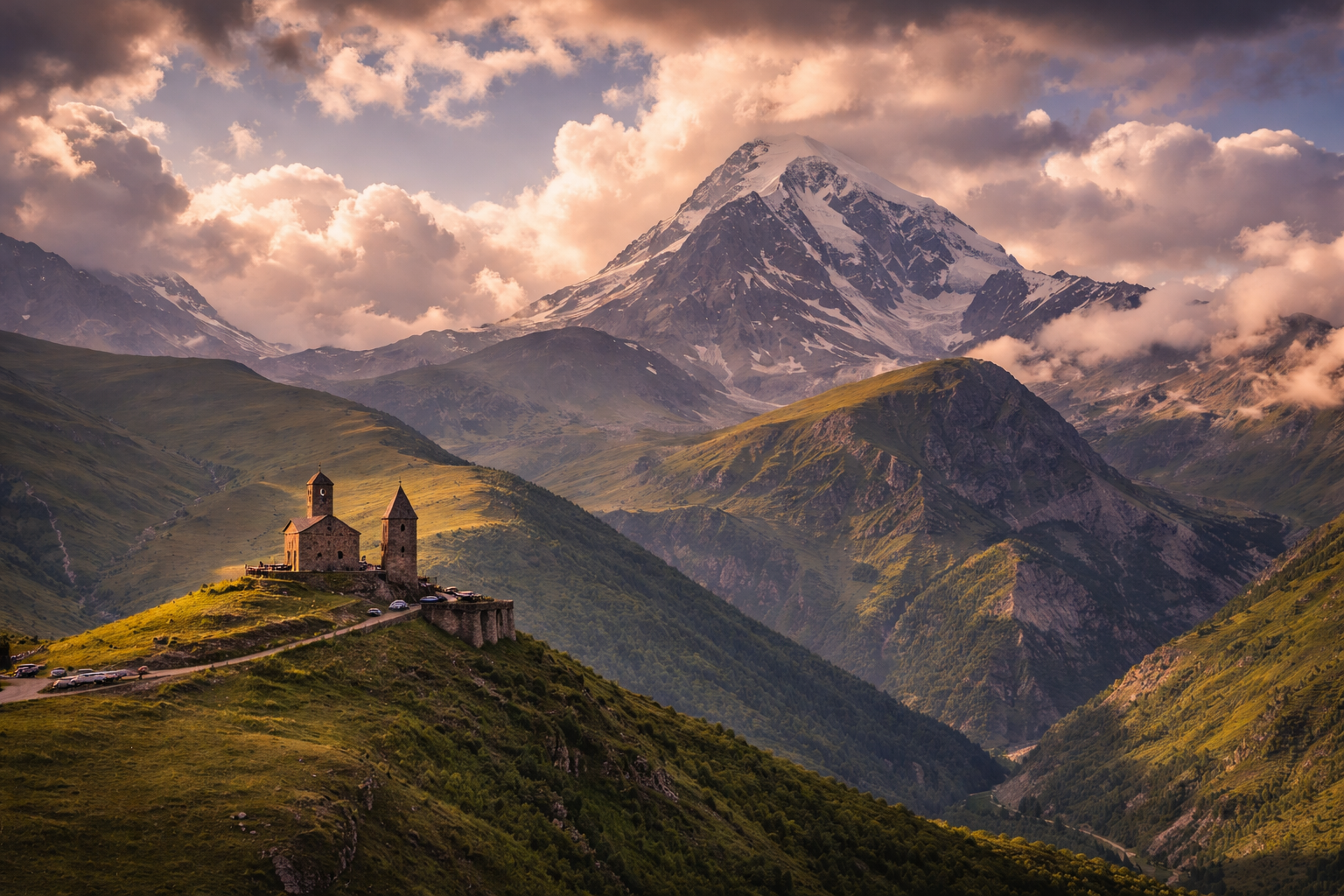 Iglesia de Gergeti y monte Kazbek - paisajes de montaña de Georgia con acceso a internet mediante eSIM