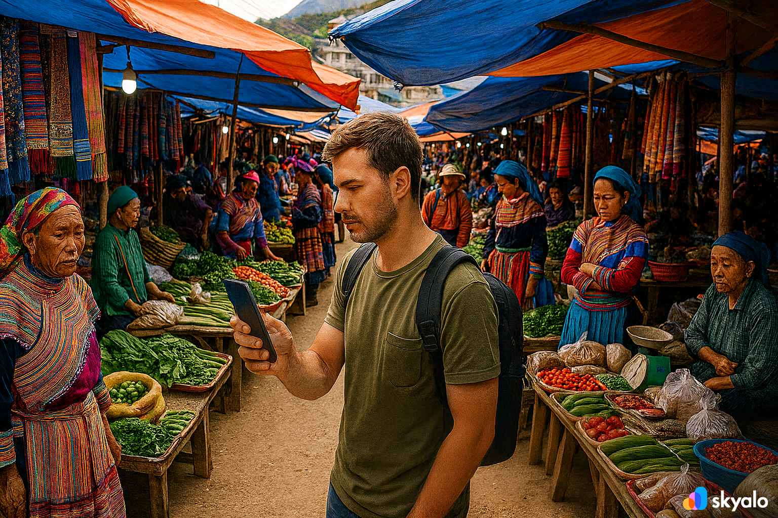 Bac Ha mountain market, traveler with eSIM sharing photos of colorful fabrics and souvenirs