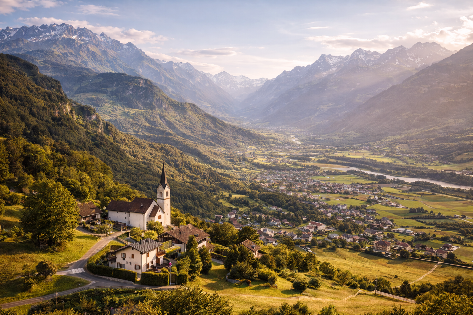 Planken with mountain scenery, small houses, and panoramic views over the valley