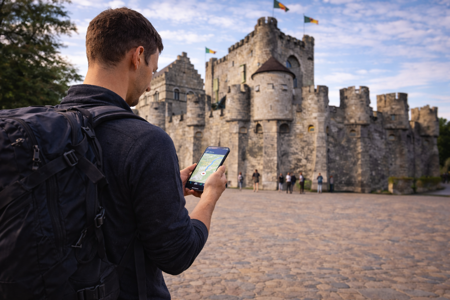 Un turista davanti al Castello di Gravensteen a Gand usa uno smartphone con eSIM attiva per internet