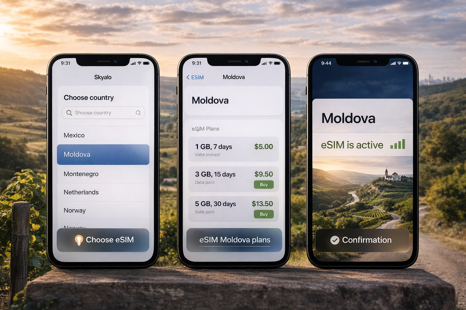 שלושה סמארטפונים עם חיבור eSIM למולדובה שלב-אחר-שלב: בחירת המדינה, בחירת התעריף והפעלה מוצלחת של האינטרנט הסלולרי.