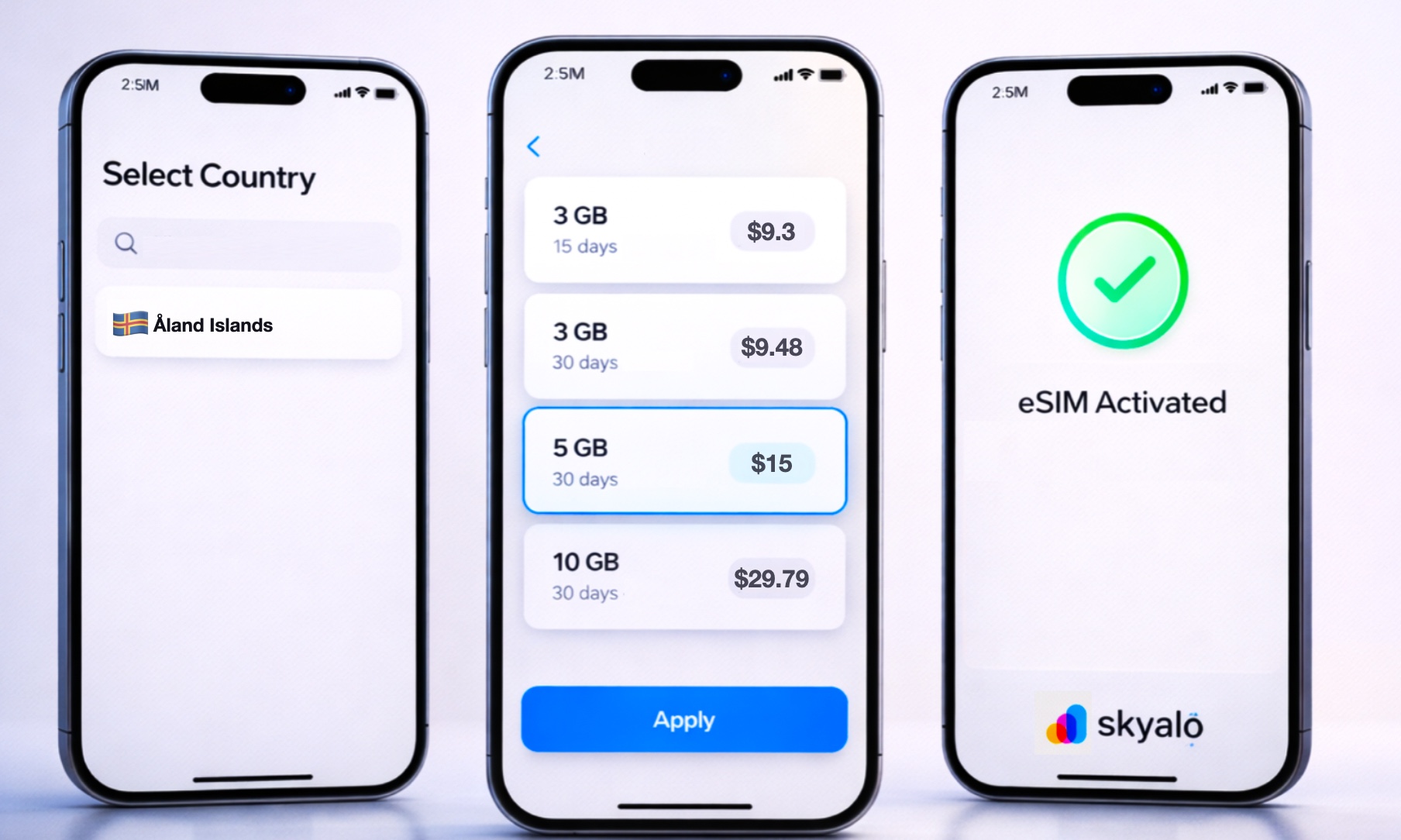 Skyalo mobile app interface with Åland Islands eSIM selection—list of 3–10 GB plans and the eSIM activation confirmation screen