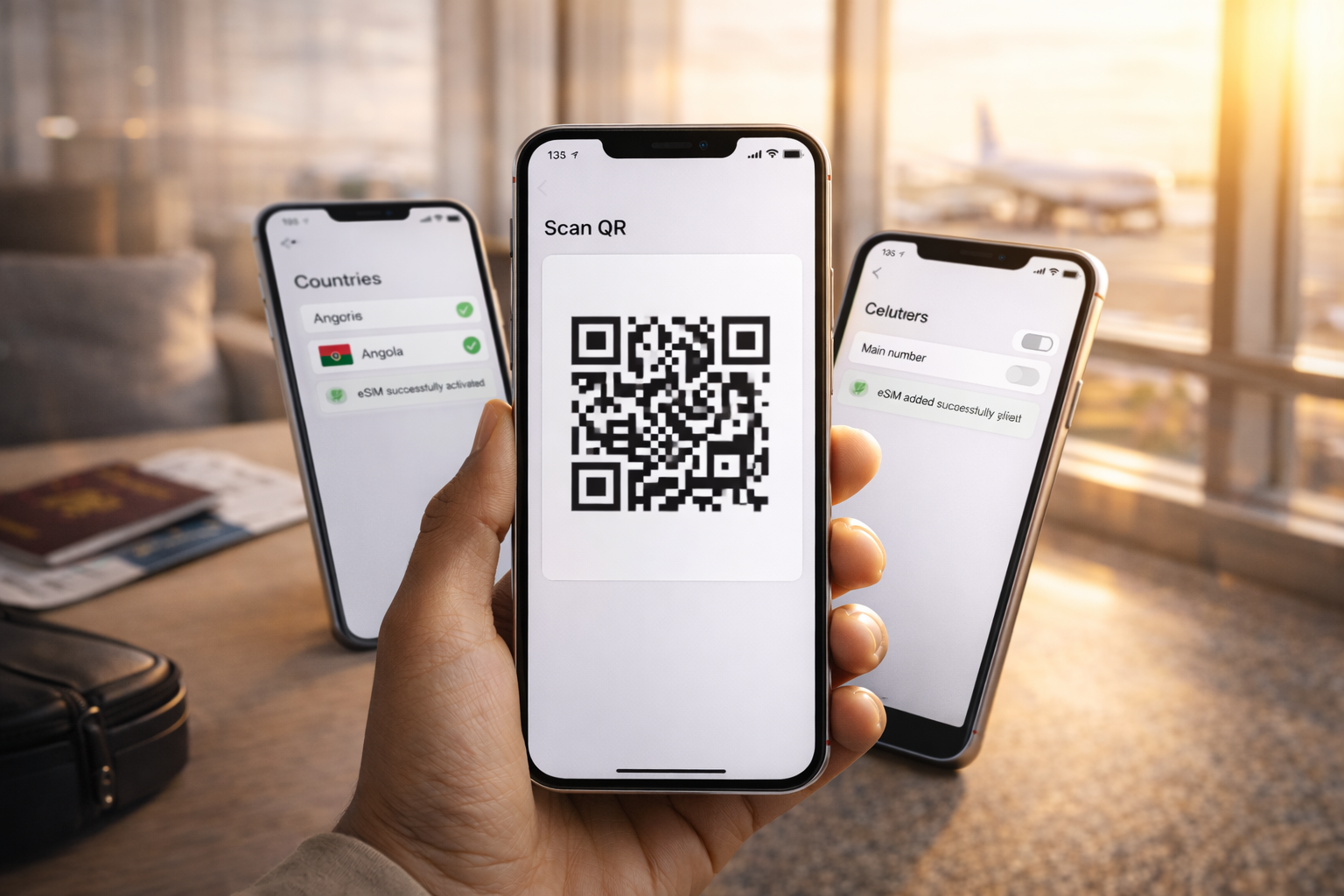Three smartphones showing the steps to connect an eSIM at the airport