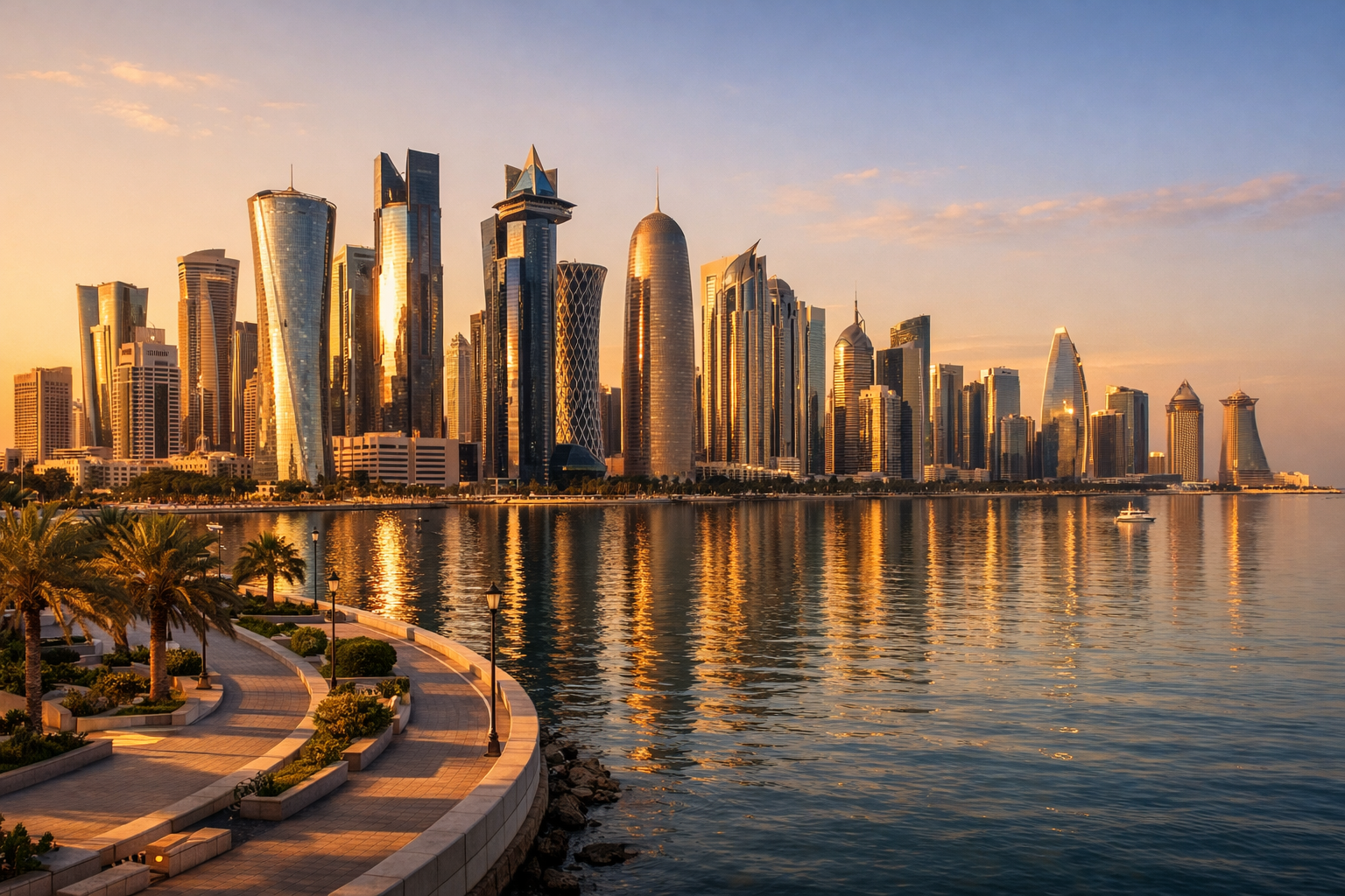 מבט פנורמי על דוחא המודרנית עם גורדי שחקים, טיילת ואור שקיעה חמים