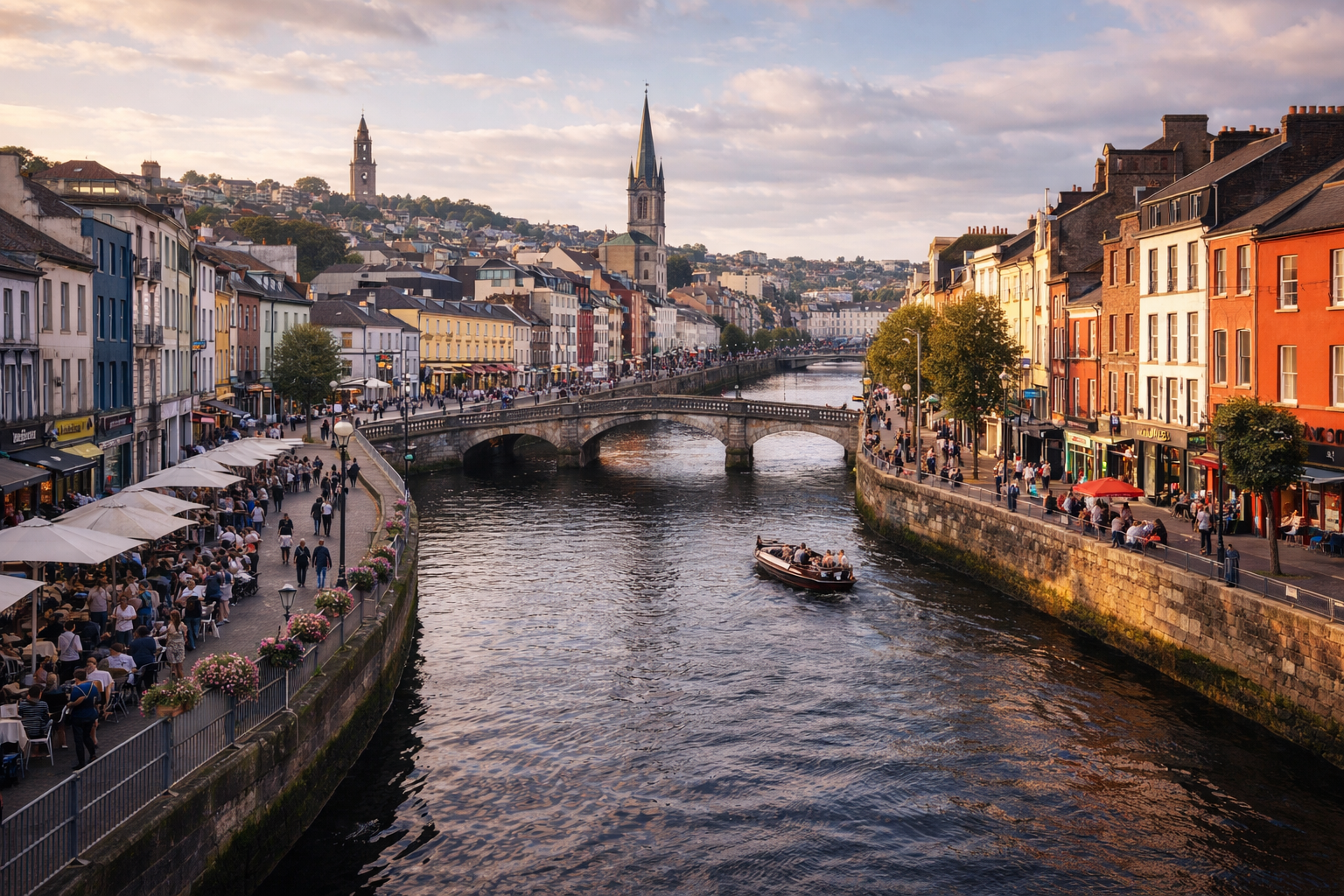 קורק באירלנד עם סביבת נהר, גשרים, בנייה היסטורית ואווירה חיה של עיר דרומית.