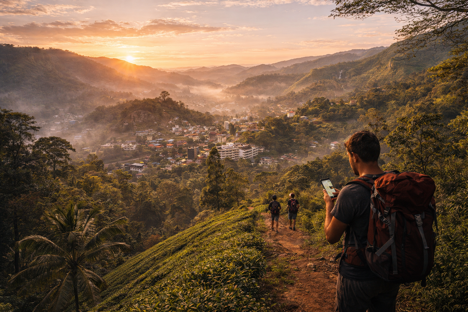 The hill town of Ella among tea plantations and green hills in Sri Lanka.