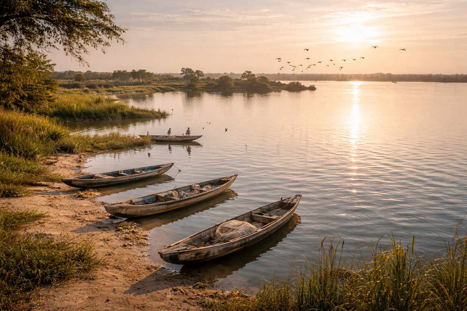 Calm Lake Guiers with fishing boats.