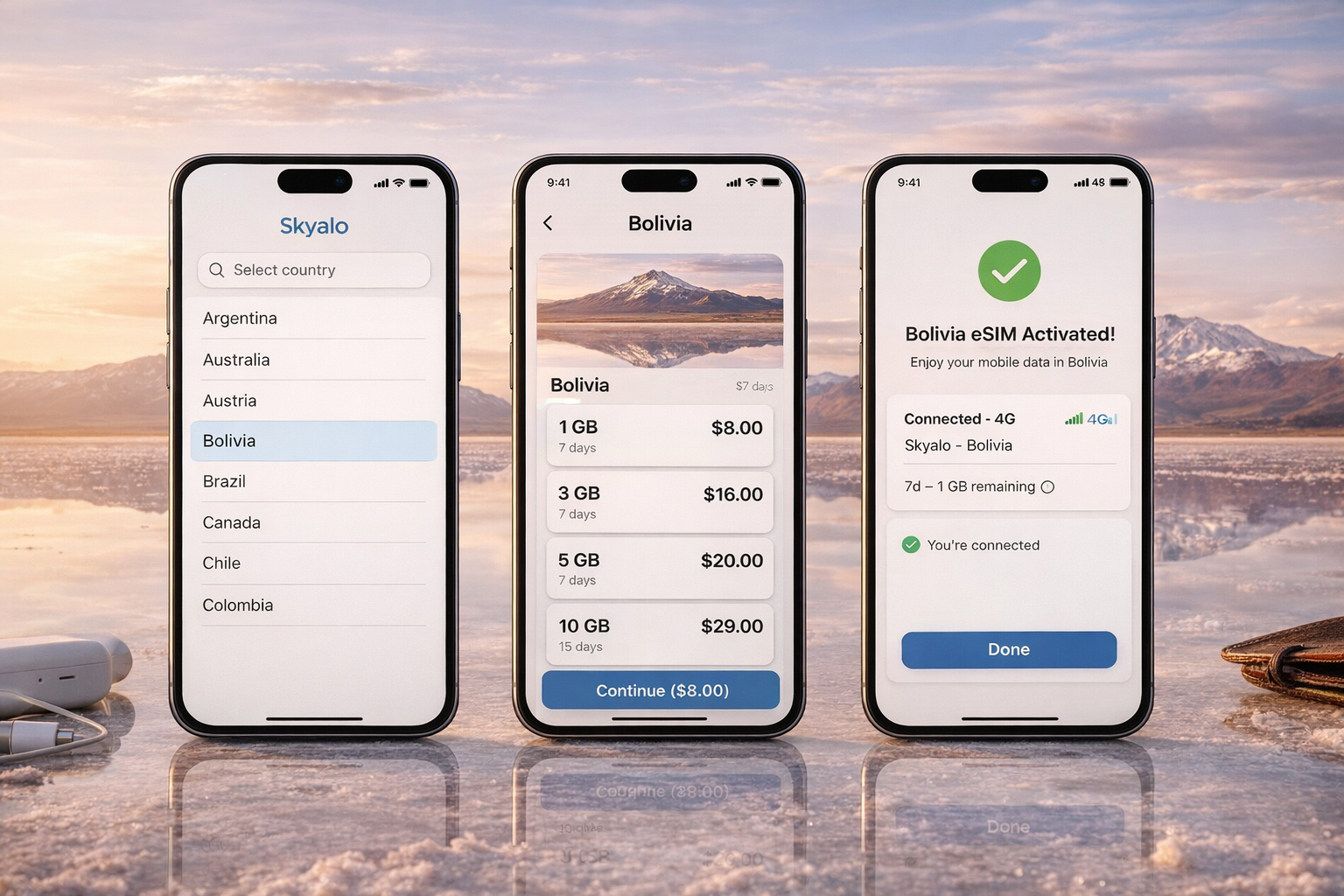 שלושה סמארטפונים עם חיבור eSIM לבוליביה צעד-אחר-צעד: בחירת מדינה, בחירת תוכנית והפעלה מוצלחת של האינטרנט הסלולרי.