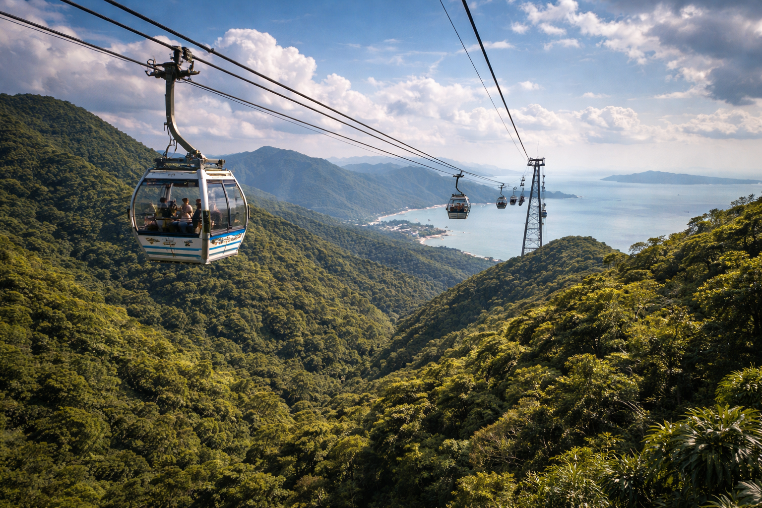Ngong Ping 360 cable car over the mountains of Lantau Island.