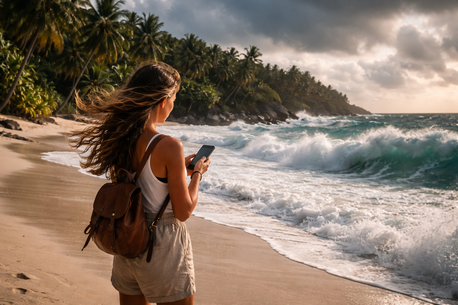 شاطئ آنس إنتندانس بأمواجه ونخيله، ومسافر يتحقق من الطقس عبر eSIM