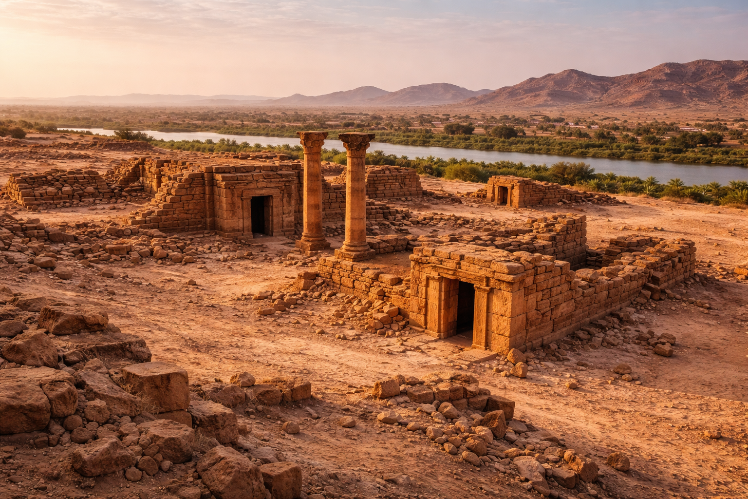 אתר סנאם בסודן עם חורבות מבנים עתיקים, נוף נובי יבש ואור שמש רך.