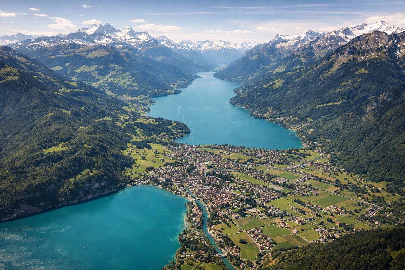 Miasto Interlaken między jeziorami Thun i Brienz w otoczeniu Alp