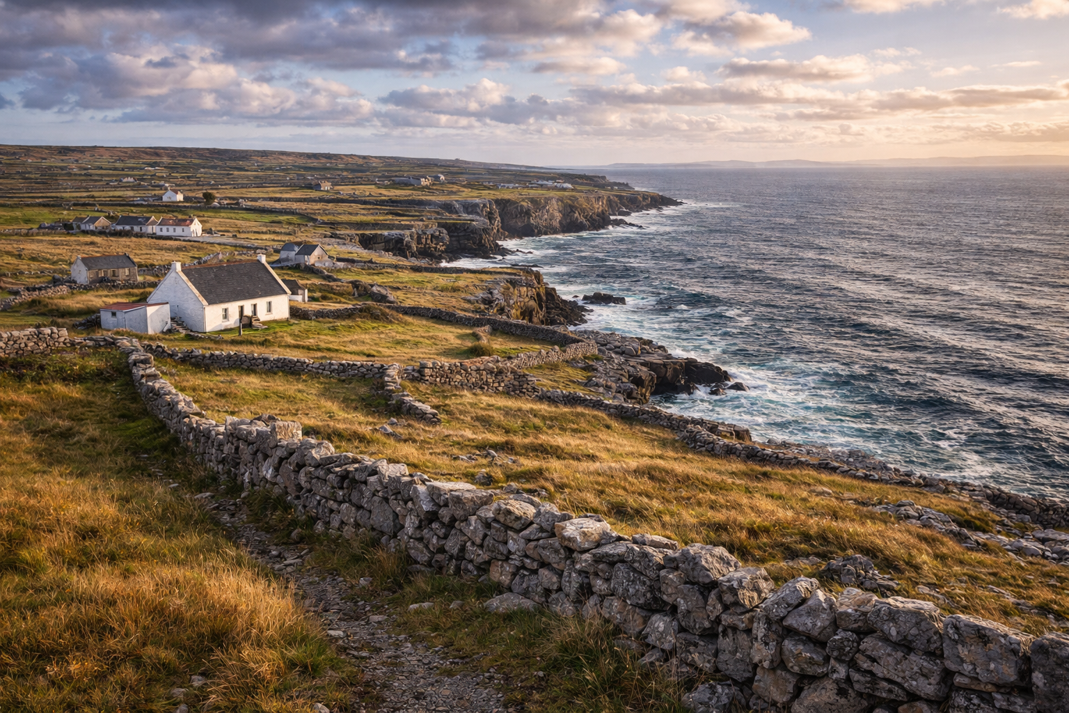 איי אראן עם קירות אבן, בתים קטנים, חוף קשוח ואופק אוקיינוס פתוח.