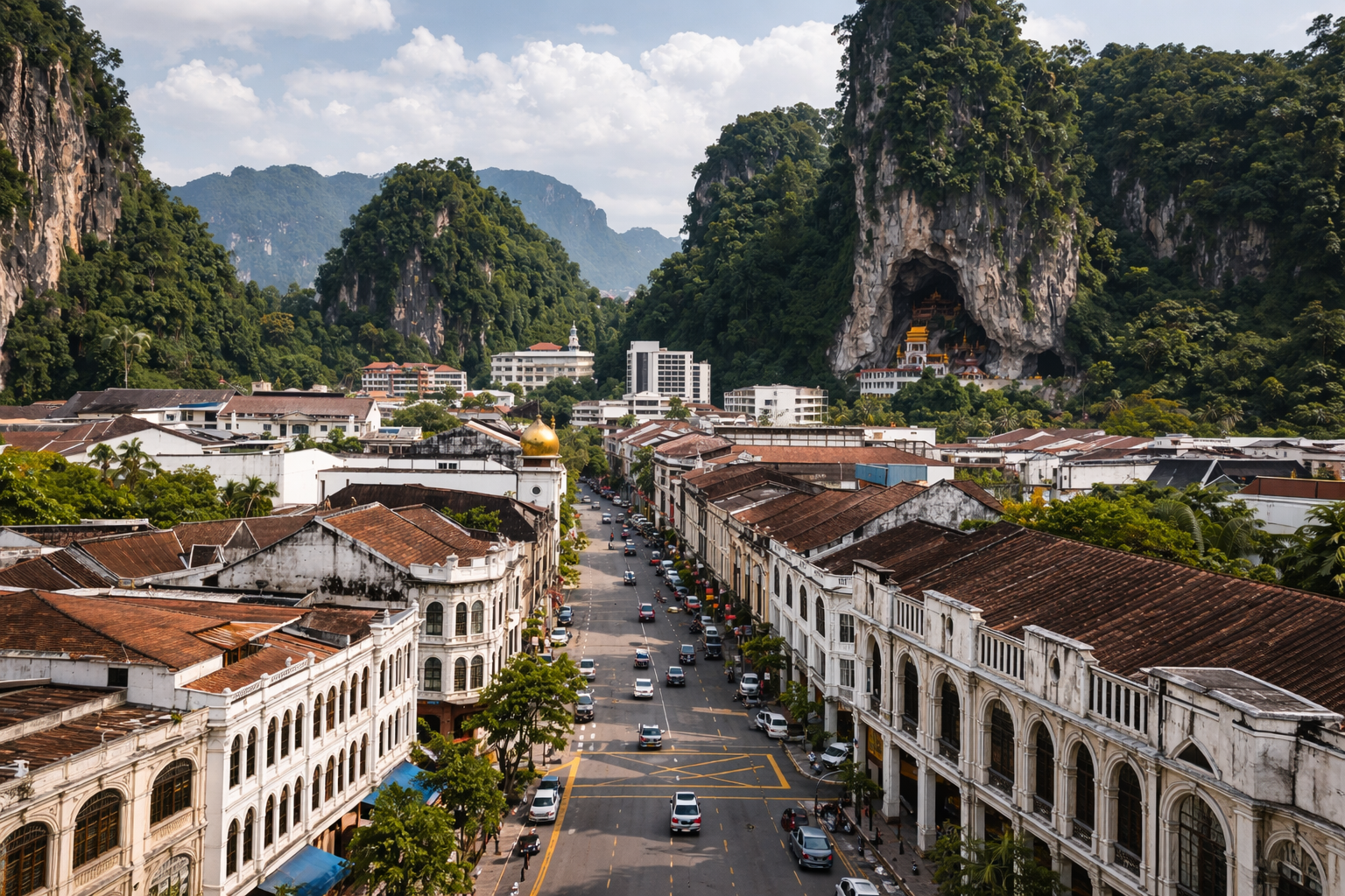 Город Ипох с колониальными улицами, известняковыми горами, храмами в скалах и спокойной атмосферой