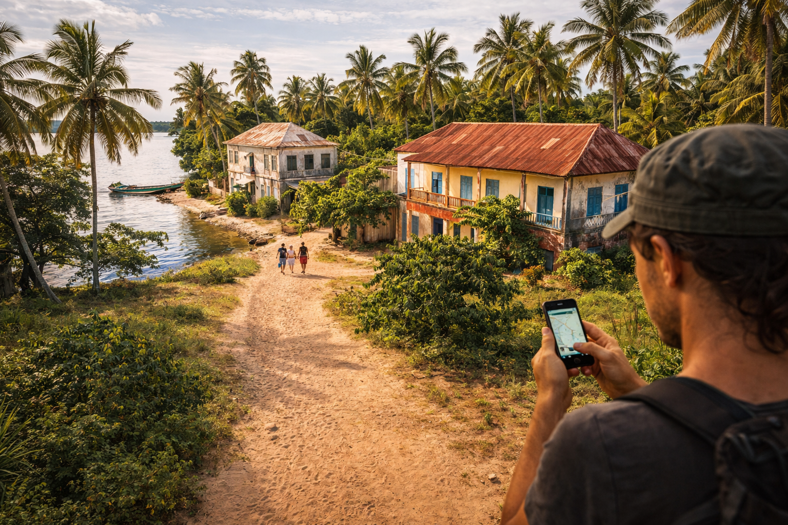 Tropical Carabane Island with palm trees and colonial buildings.