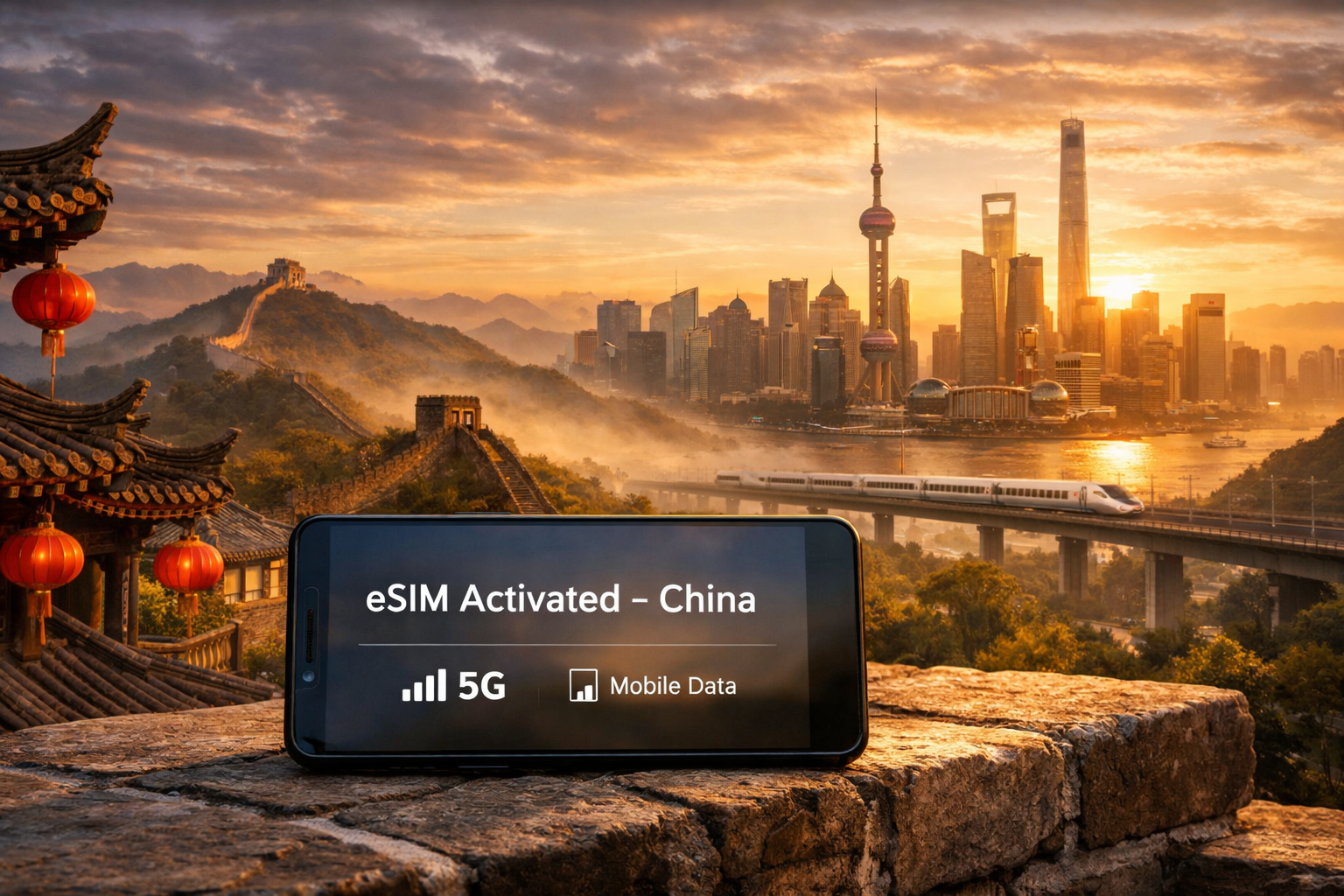 Traveling in China with a smartphone with an active eSIM against the backdrop of the Great Wall and Shanghai’s skyscrapers