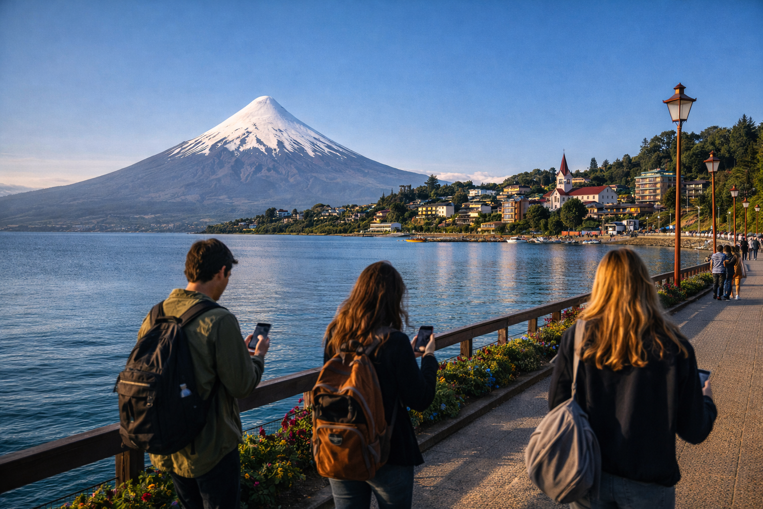 Viaggiatori passeggiano sul lungolago di Puerto Varas con smartphone ed eSIM